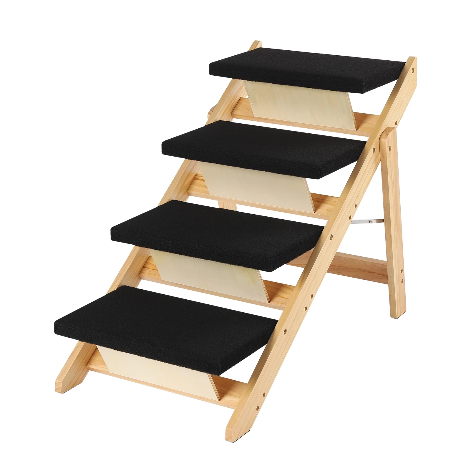 Oukaning Pet Stairs 2-in-1 Dog Ramp Cat Dog Stairs Foldable Pine Wood Natural + Black