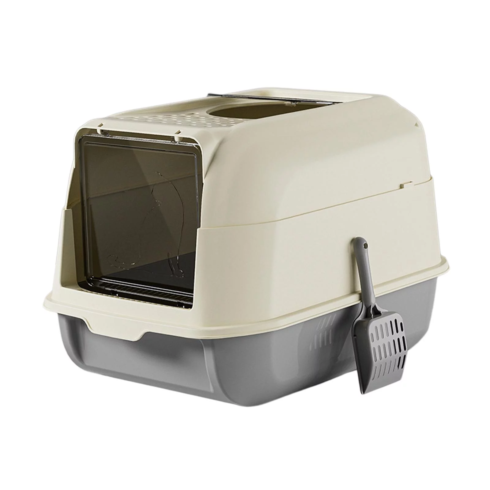 Cat Litter Box with Lid Front Entry Top Exit with Scooper Enclosed Cat Potty Gray
