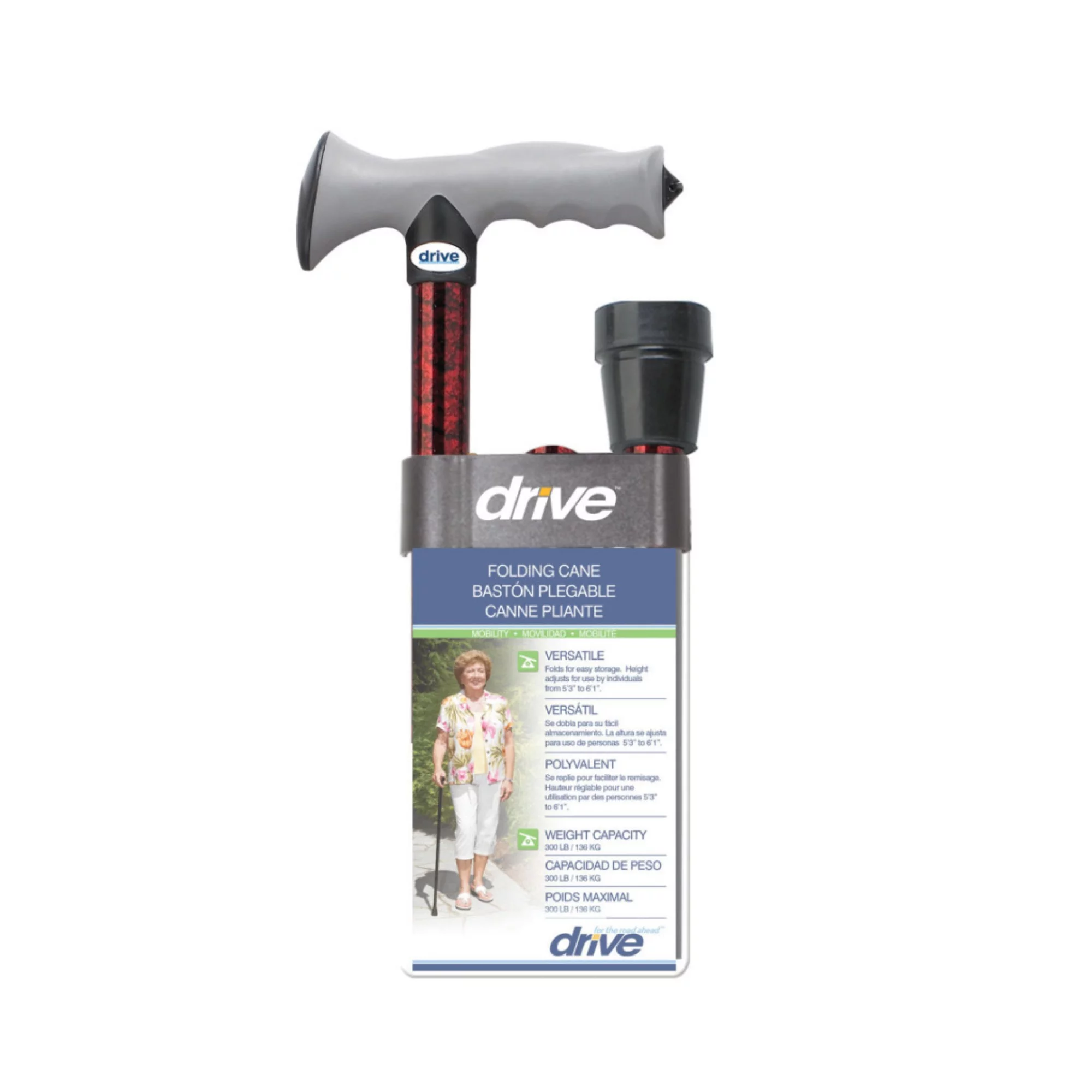 Drive Medical Adjustable Lightweight Folding Cane with Gel Hand Grip, Red Crackle