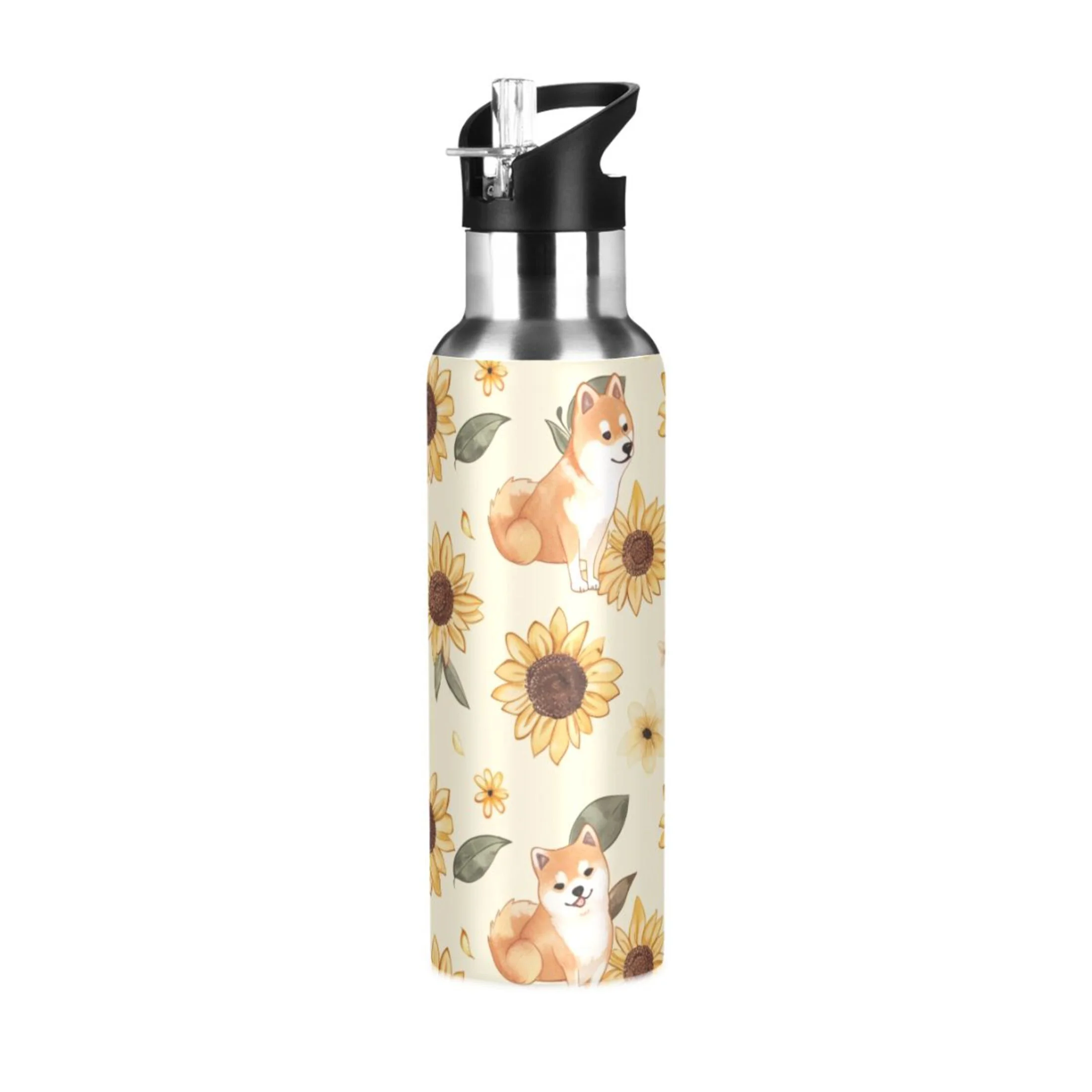 Dogs in Sunflower Water Bottles Insulated Thermos Kids Stainless Steel Bottle with Straw Lid Flask Leakproof for Sports Gym 20 oz