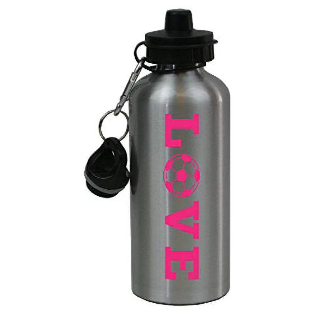 Silver Aluminum Hot Pink LOVE Soccer, 20-Ounce (600 ML) Sport Water Bottle with Sports Top, Carabiner