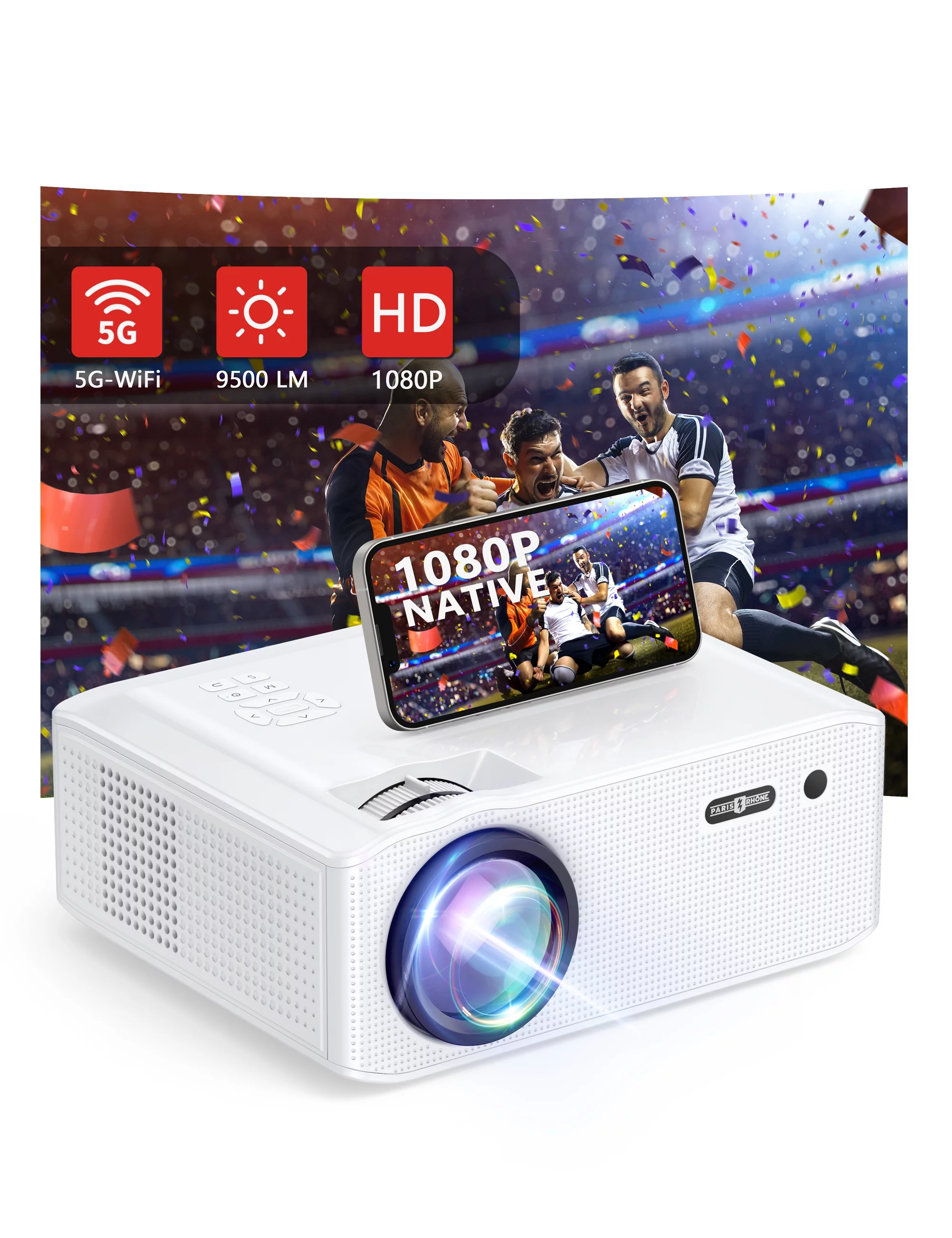 Paris Phone 5G WiFi Native 1080P Projector, 9500LM Portable Outdoor Projector with Dual Speaker, 350 ANSI Lumen, Support Keystone Correction, HDMI