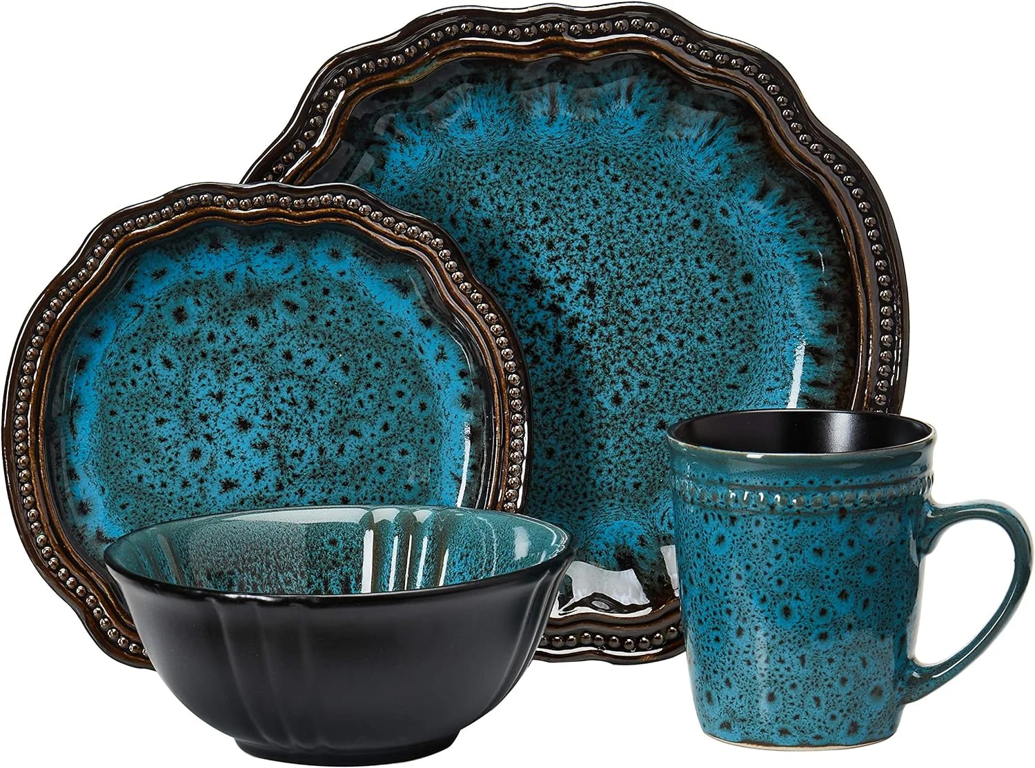 Stoneware Round Oval Dinnerware Dish Set, Ocean Blue