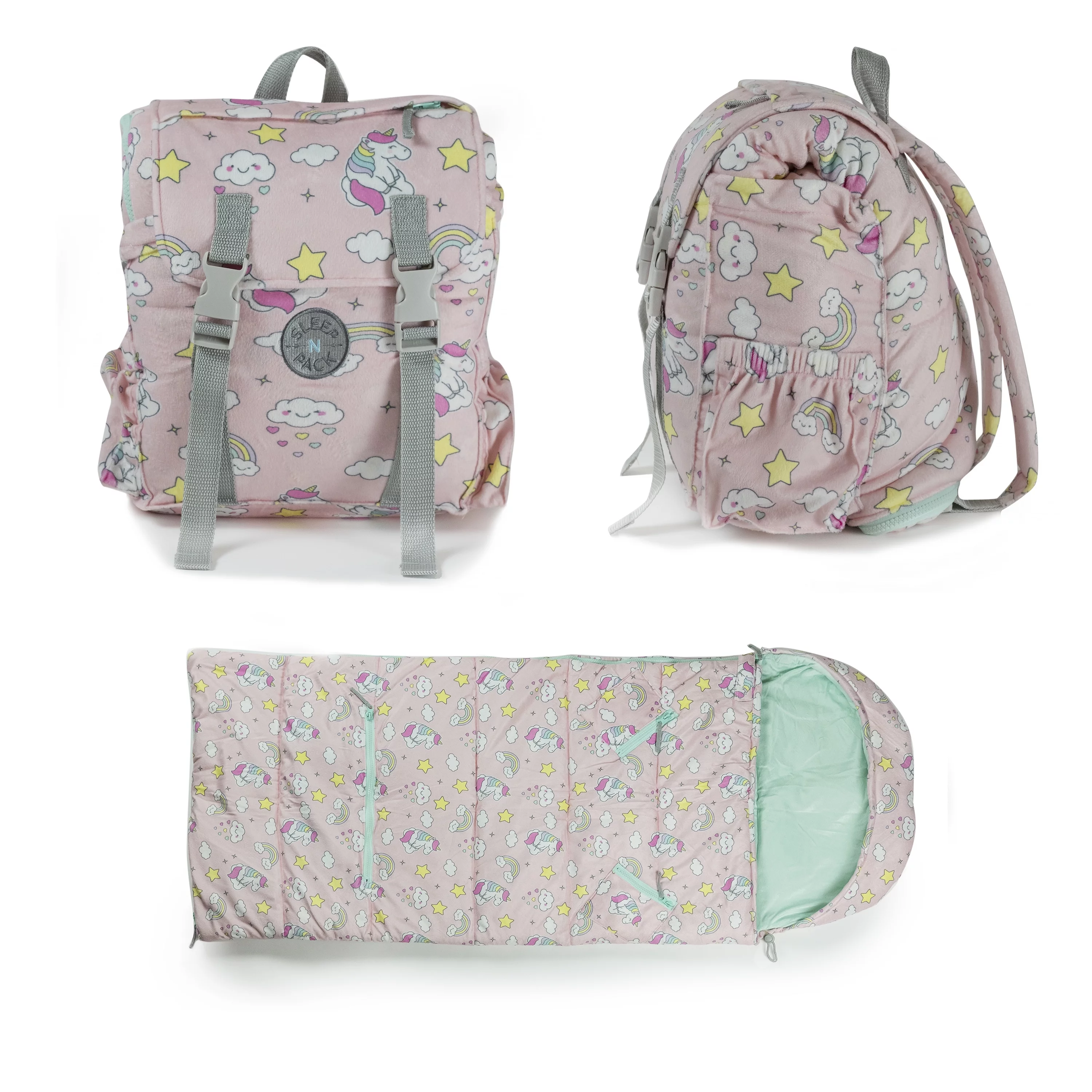 Mimish Sleep-N-Pack, 50 F Packable Kid's Sleeping Bag & Backpack, Unicorn Doodle Print