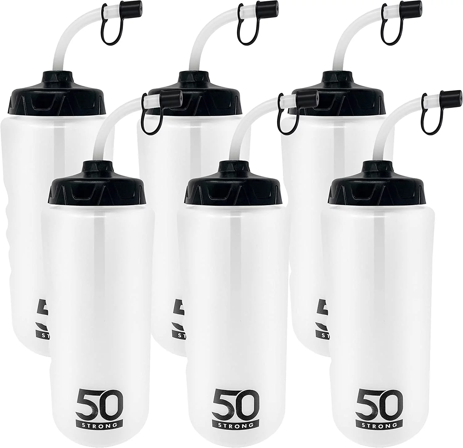50 Strong 1L Clear Sports Water Bottle with Straw, Easy Squeeze + Finger Grip, BPA-Free, Made in USA (6 Pack)