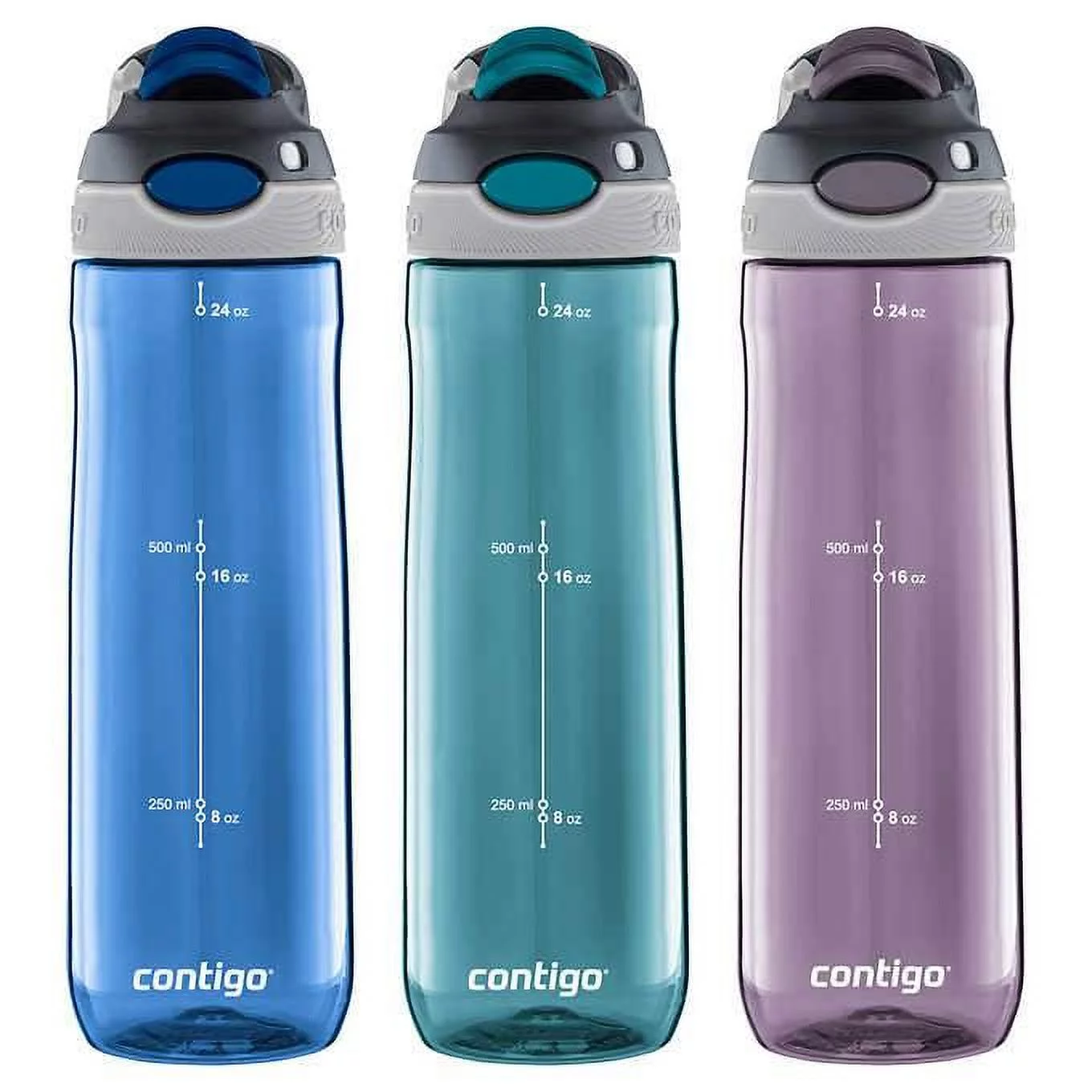 Contigo AUTOSPOUT® Chug 24oz Water Bottle, 3-pack- Blue/Torquise/Purple