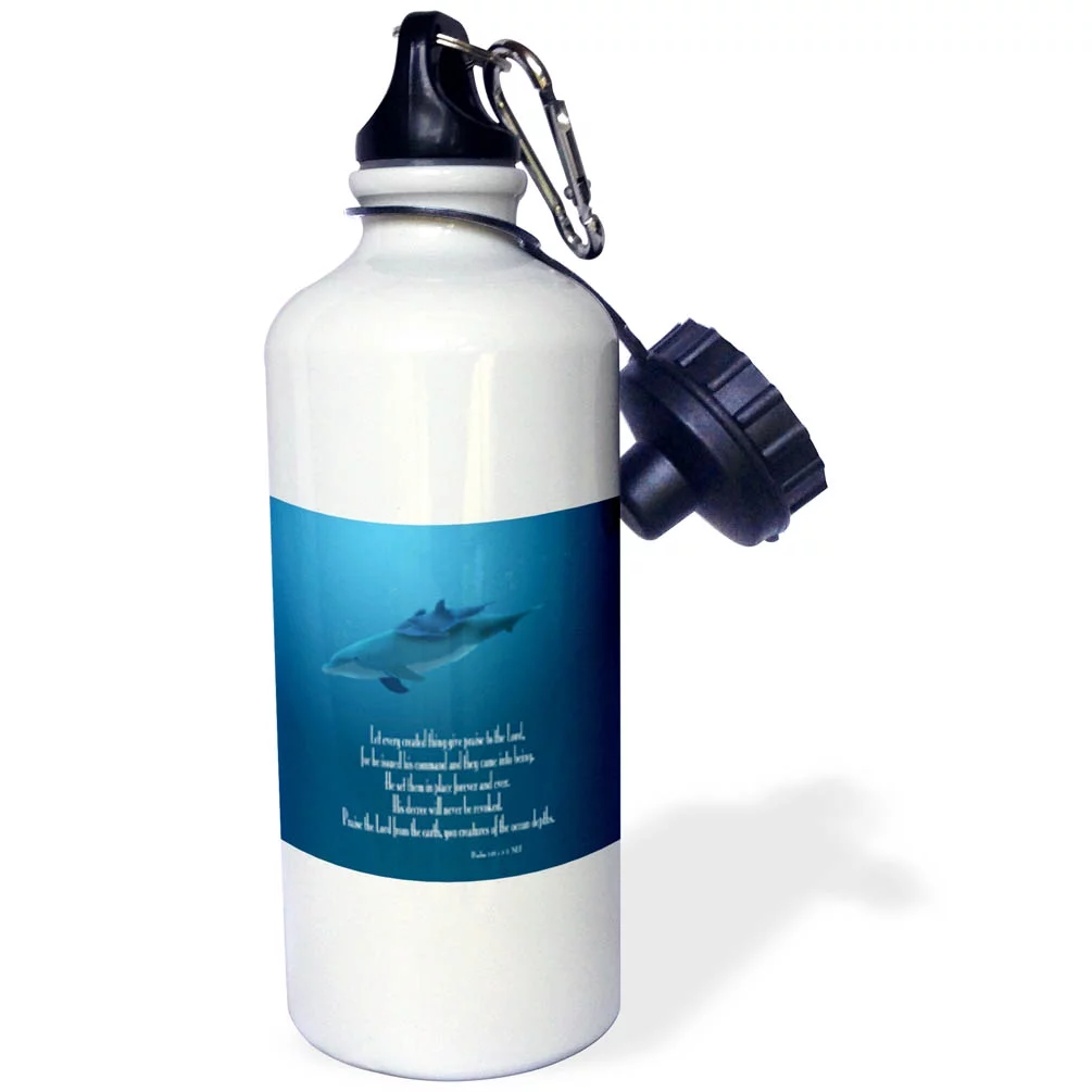 Mother and Baby Dolphin swimming in the aqua colored ocean with the Bible verse Psalm 148 v 5-7 21 oz Sports Water Bottle wb-36108-1