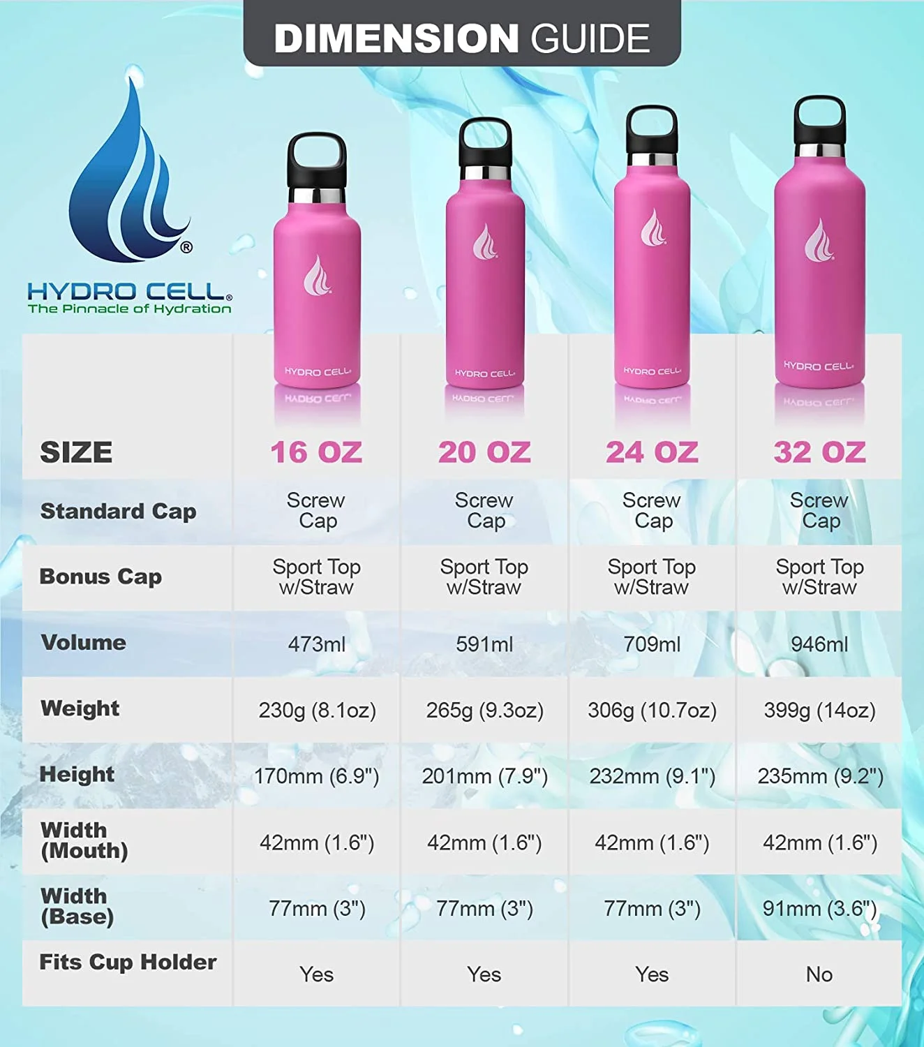 HYDRO CELL Stainless Steel Water Bottle w/Straw & Standard Mouth Lids