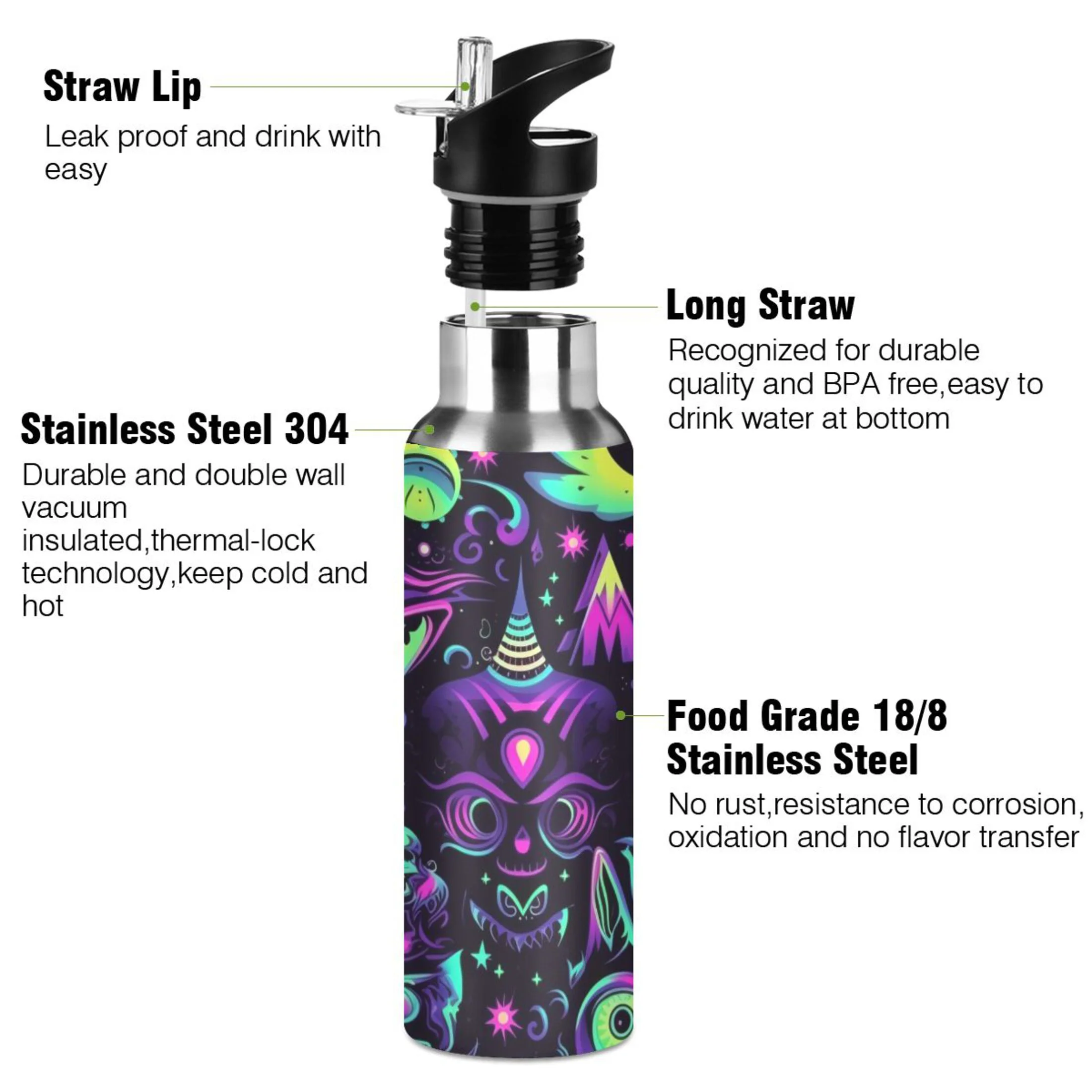 Devil Purple Magic Water Bottles Insulated Thermos Kids Stainless Steel Bottle with Straw Lid Flask Leakproof for Sports Gym 20 oz