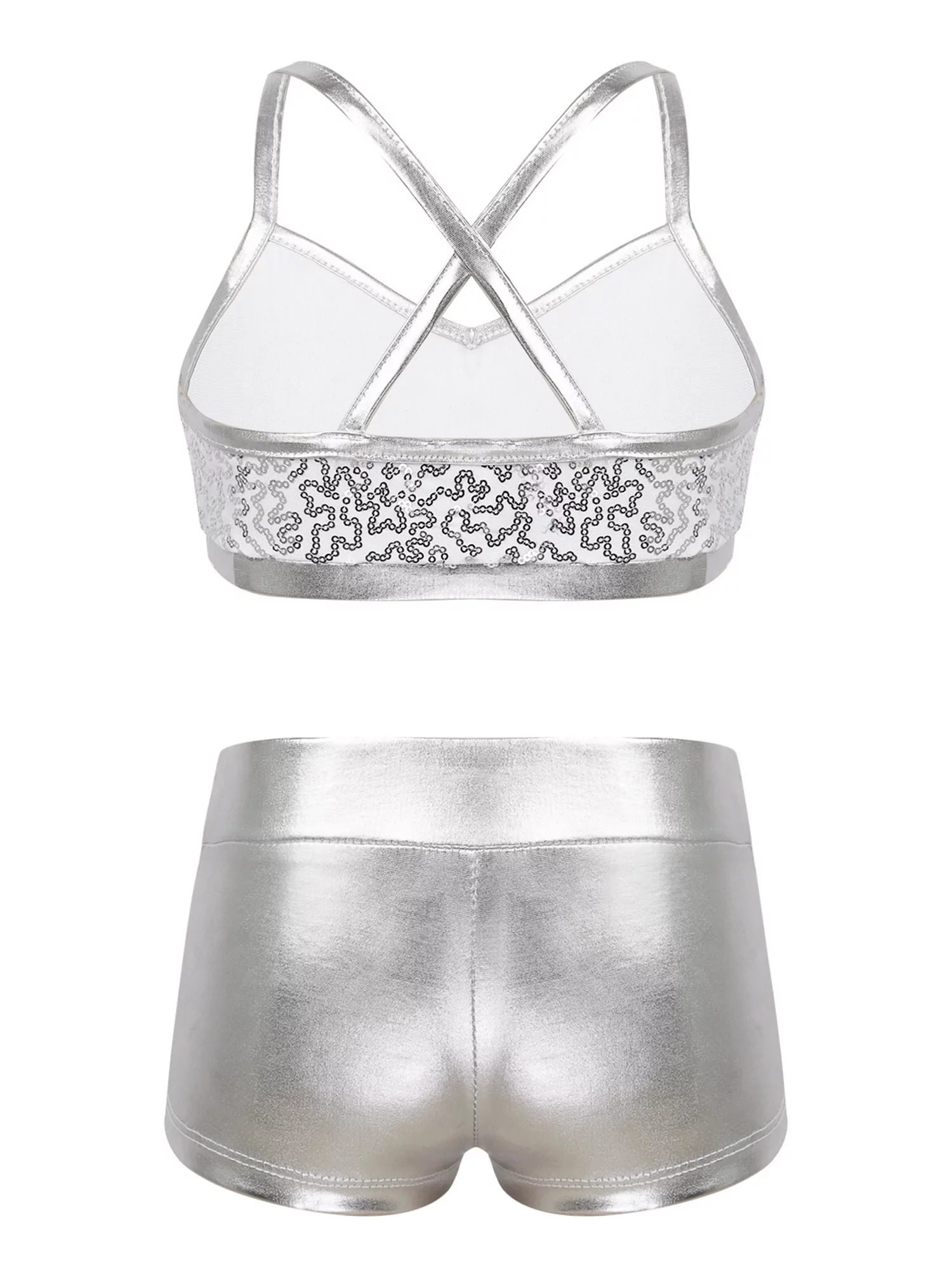 iEFiEL Kids Girls Sequins 2Pcs Ballet Dance Outfit Crop Top with Metallic Bottoms Set Silver 8