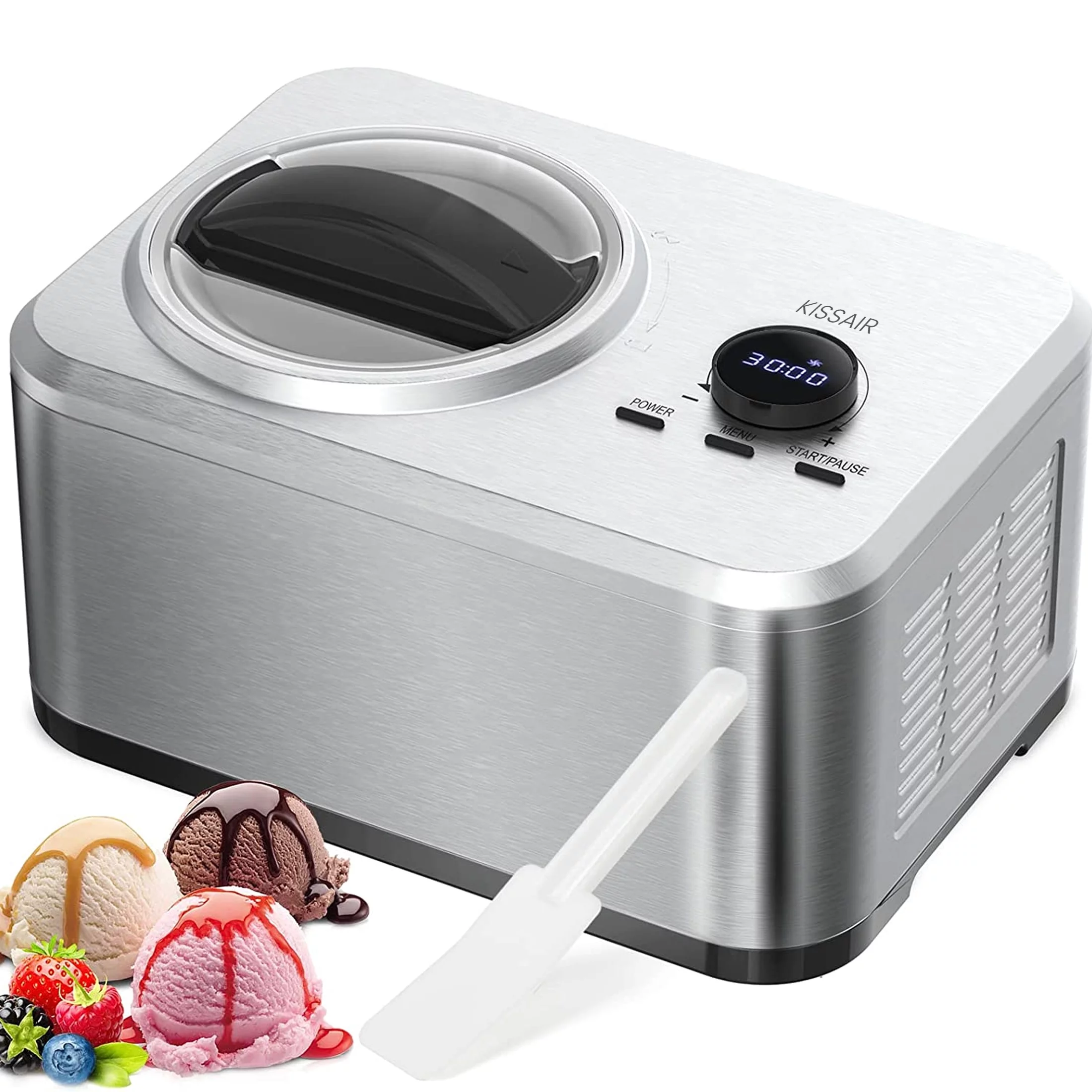 KISSAIR Ice Cream Maker - 1.5Qt, Compressor, 4 Modes - LCD Panel & Timer