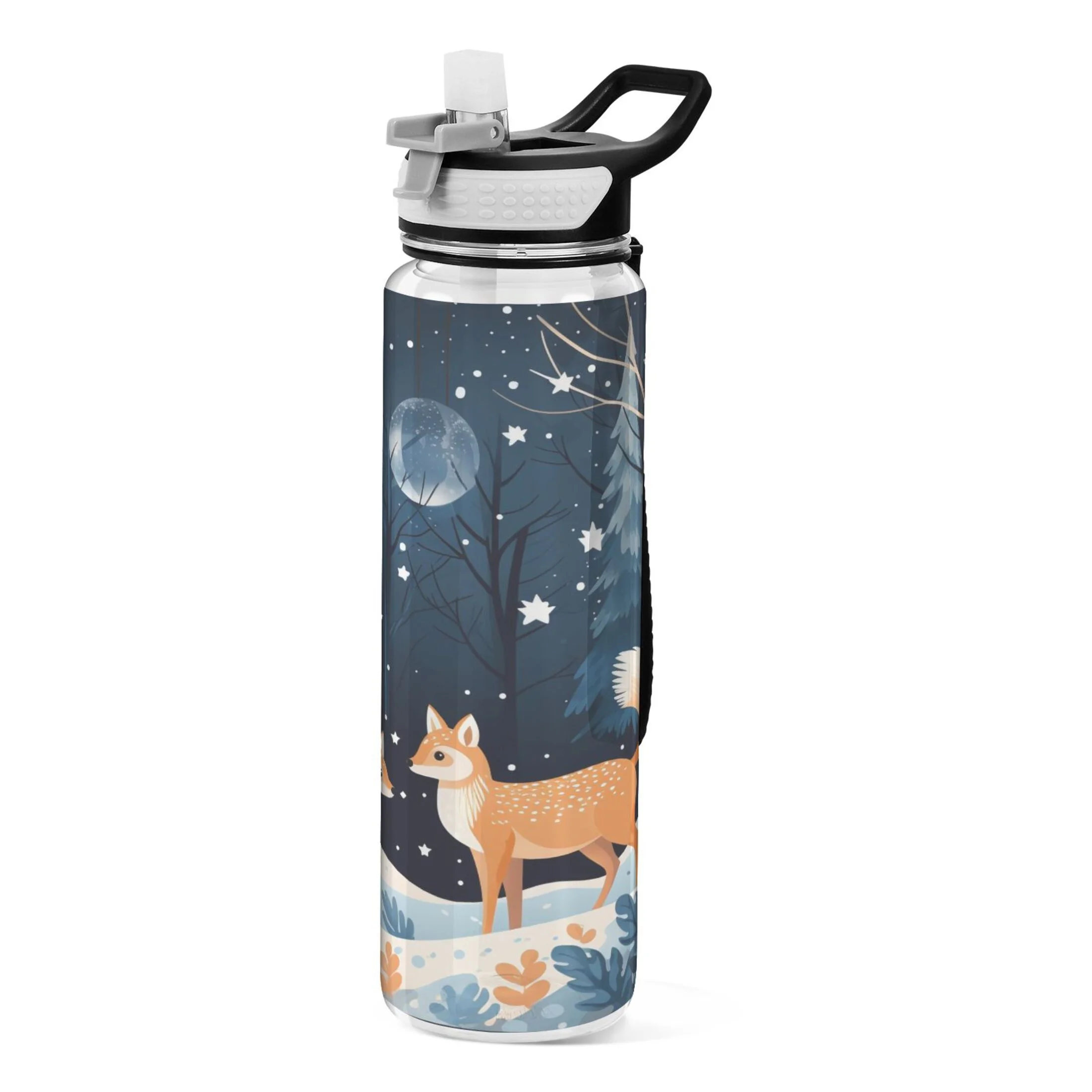 Abstract Deers in Forest 32oz Sports Water Bottles Leakproof Tritan Bottle with Straw BPA Free Clear Bottle for Fitness Gym Outdoor Cycling