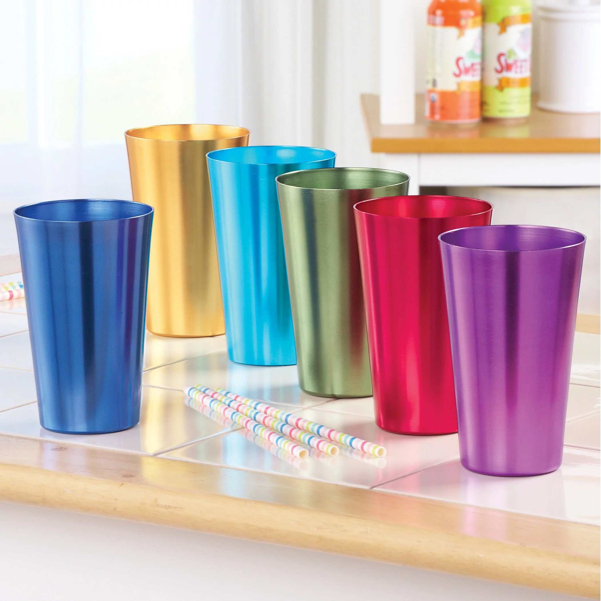 Collections Etc Colorful Retro Style Aluminum Rainbow Tumblers - Set of 6 - Great for Parties or Everyday Use - Vibrant Jewel Tones - Holds 12 oz. - 3.25