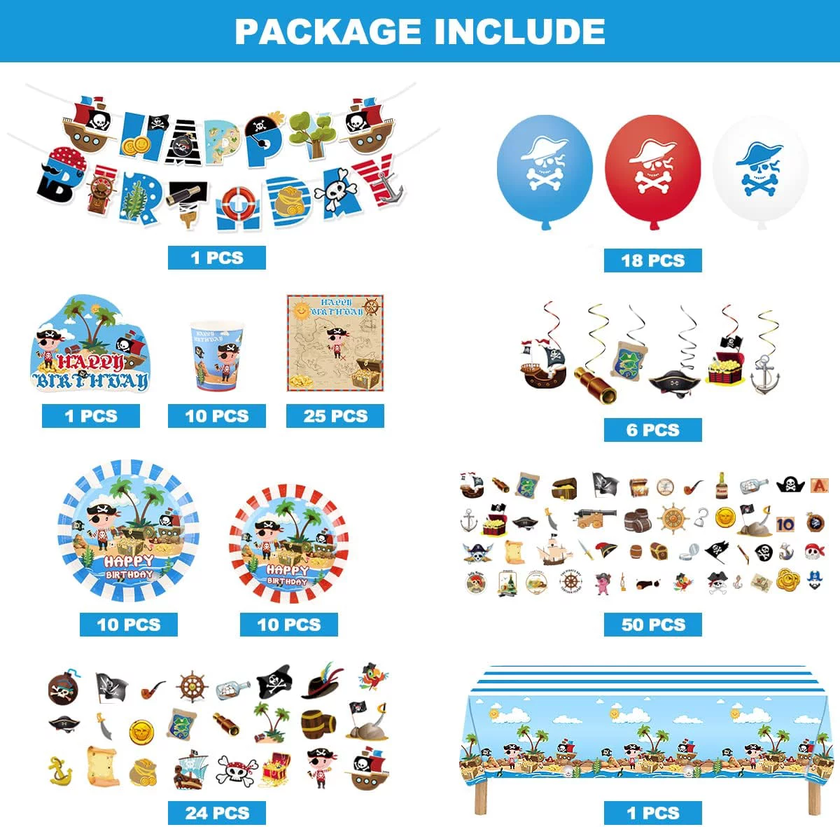 156PCS Pirate Theme Kids Birthday Party Decoration Tableware Set, Plates, Banners, Tablecloth, Balloons, Napkins, Cupcake Toppers, Hanging Swirls, Children Birthday Decorations