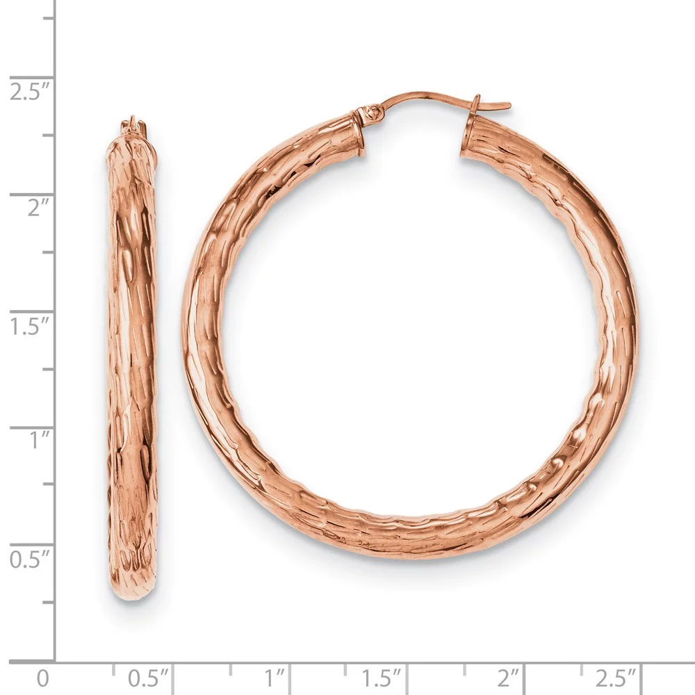 Stainless Steel Rose IP-plated Textured & Polished Hoop Earrings