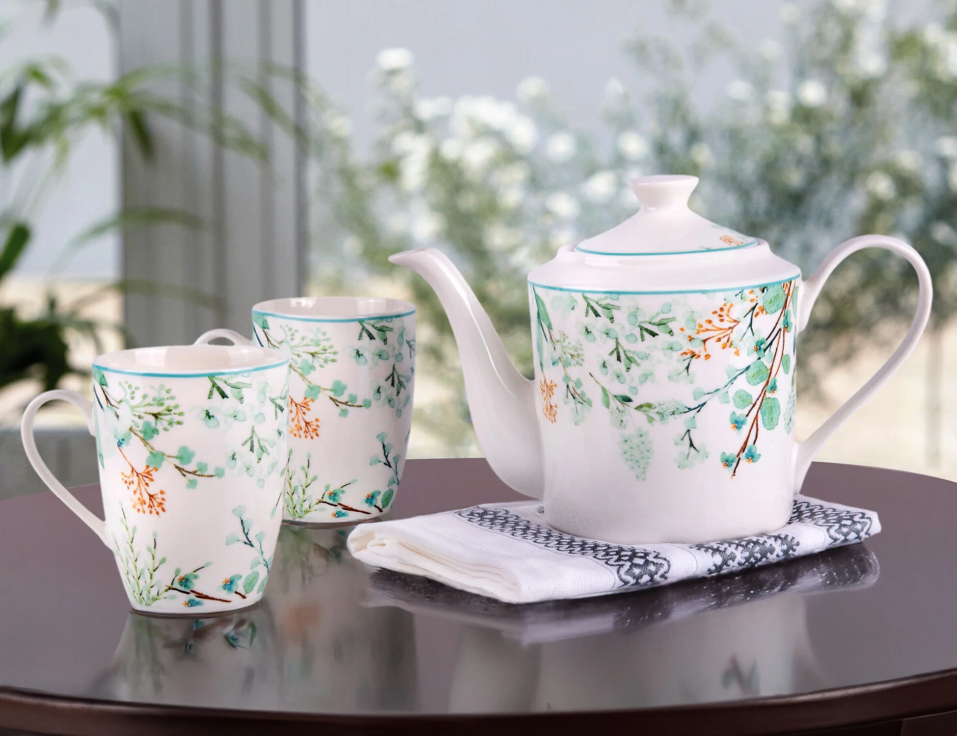 The Botanical Garden Bone China 1 Teapot & 2 Mugs Set with 1 Assorted Cotton Kitchen Towel in Gift Box