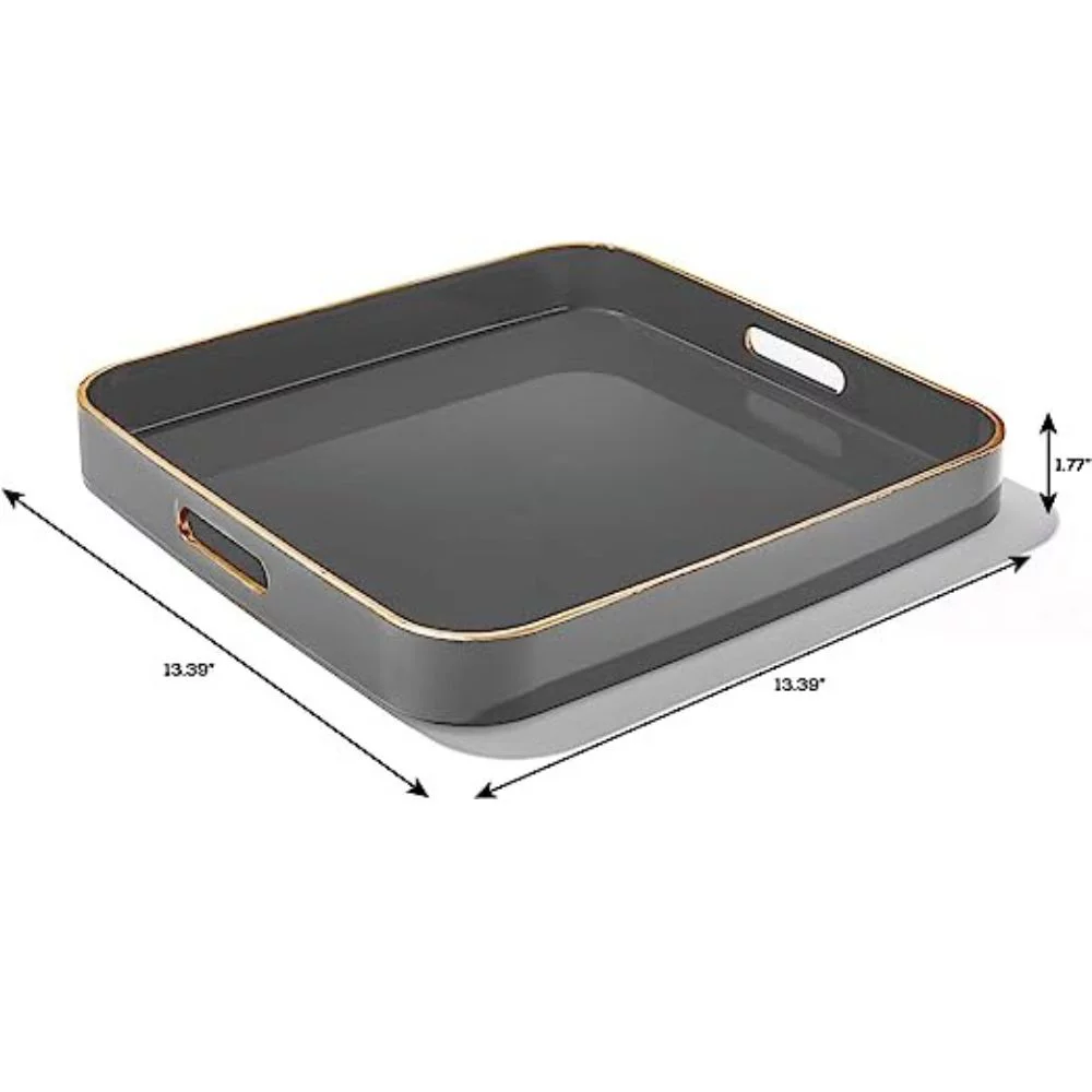 Trina Turk, Cool Gray with Gold Rim Polypropylene Square Serving Tray with Handles, Set of 2