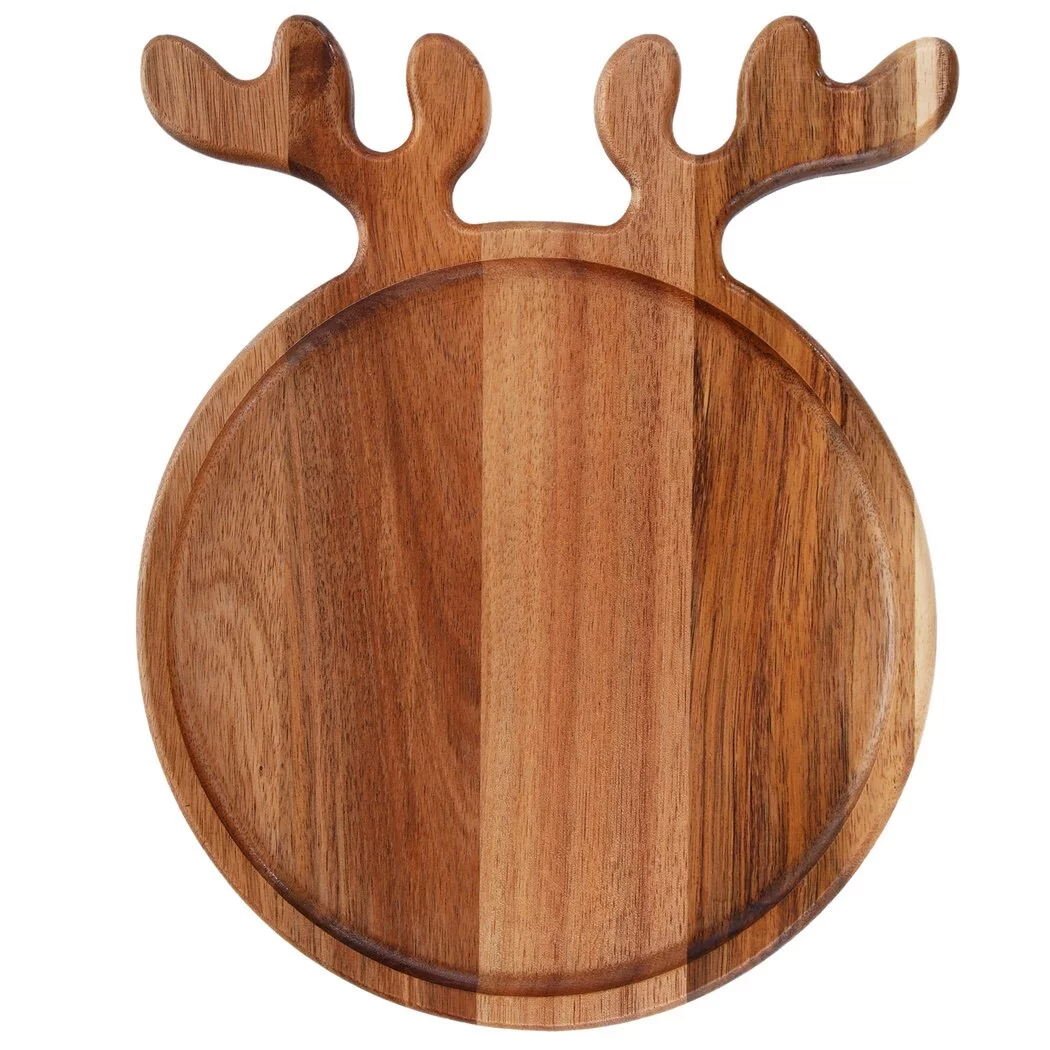 Solid Wooden Serving Platter with Antler Handle, Creative Breakfast Afternoon Tea Tray Wooden Fruit Platter Snack Plate Wooden Tray Decor Dish, Gift for Christmas Wedding Birthday