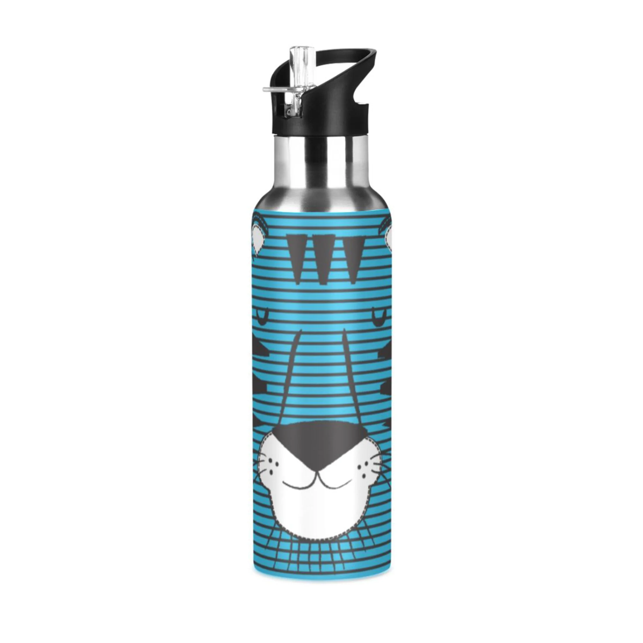 Stainless Steel Water Bottle Cute Tiger Face with Stripes with Straw Lid Vacuum Insulated Leak Proof Flask Jug for Gym Travel Sports Cycling Outdoor 20 OZ