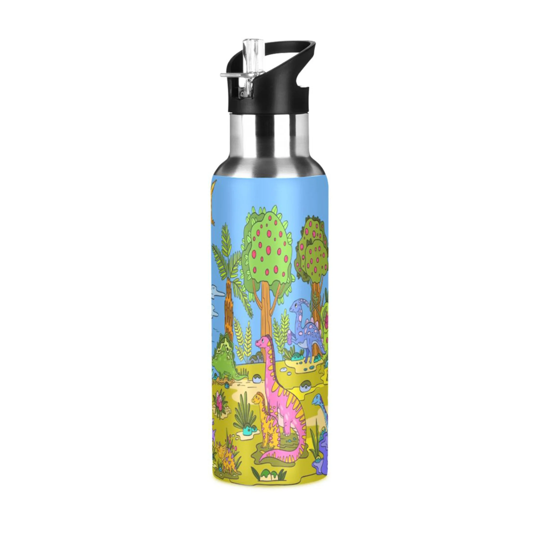 Stainless Steel Water Bottle Plants Cute Dinosaurs with Straw Lid Vacuum Insulated Keeps Hot and Cold Leak Proof Flask Jug for Gym Travel Sports Cycling Outdoor 20 OZ