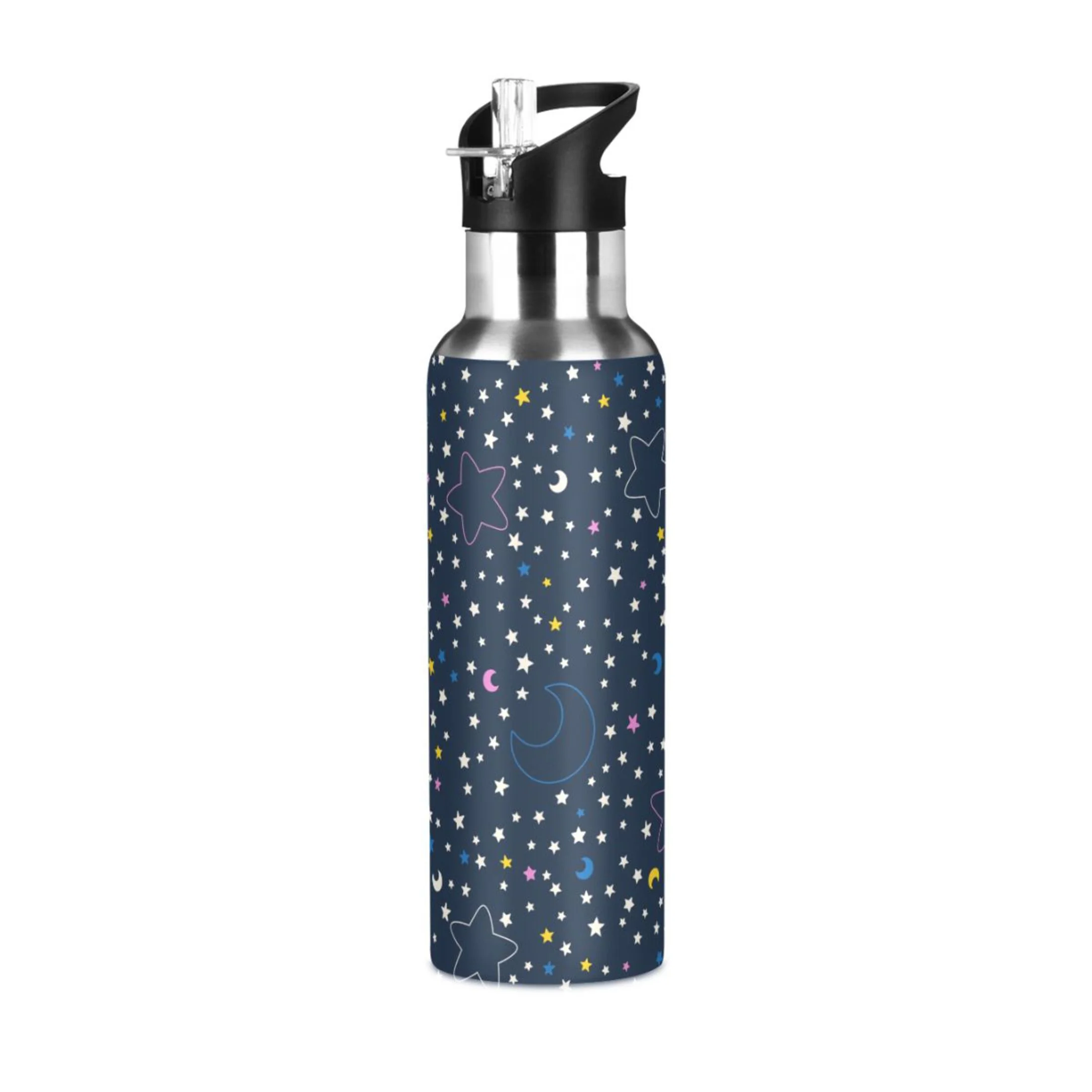 Water Bottle with Straw Lid Leak Space Colorful Cartoon Half Moon and Stars Stainless Steel Insulated Thermos Vacuum Flask for Cold Hot Drinking for Sports Camping Gym Yoga