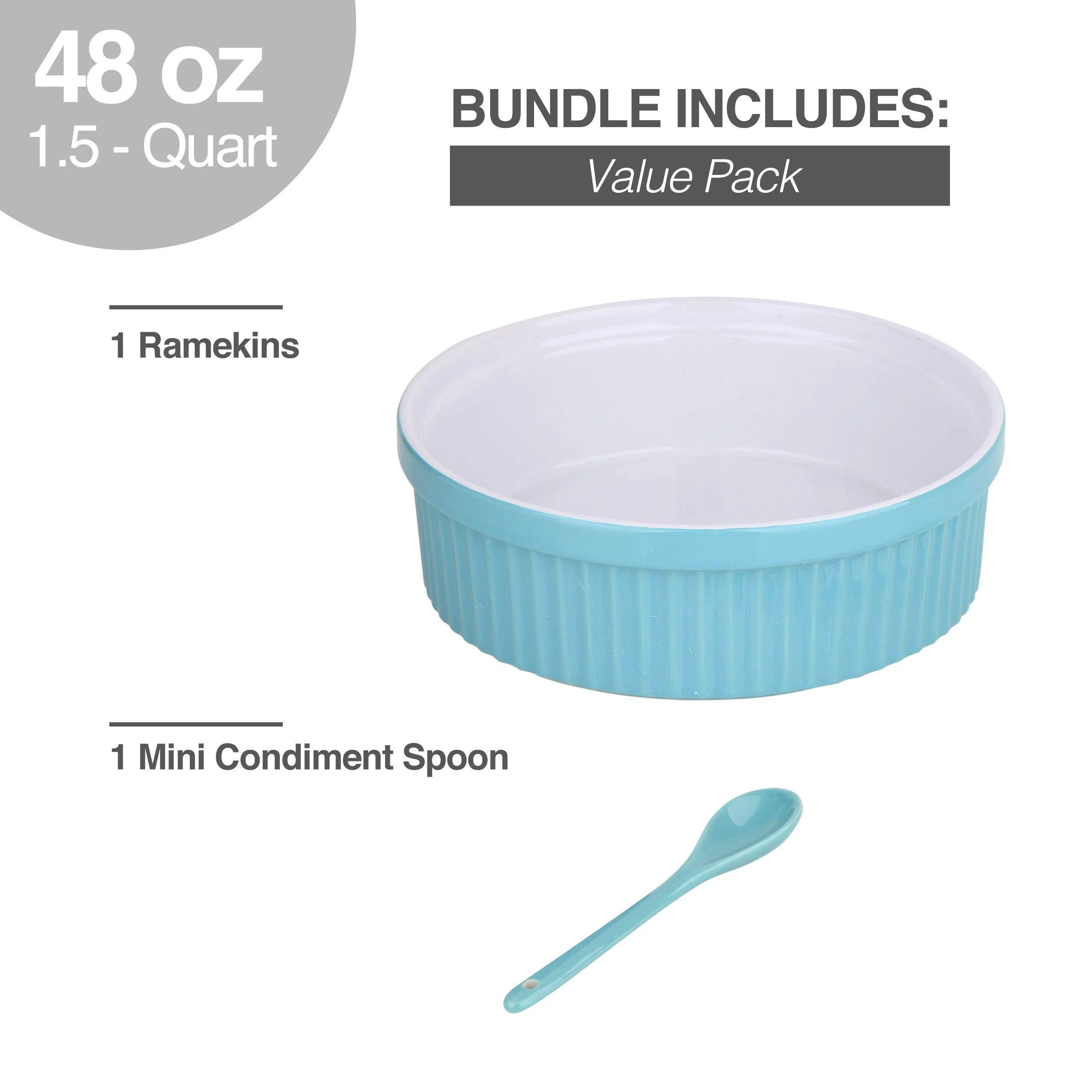 Souffle Dish Ramekins for Baking - 48 Oz, 1 Quart Large Ceramic Oven Safe Round Fluted Bowl with Mini Condiment Spoon for Souffl√© Pot Pie Casserole Pasta Roasted Vegetables Desserts (Aq
