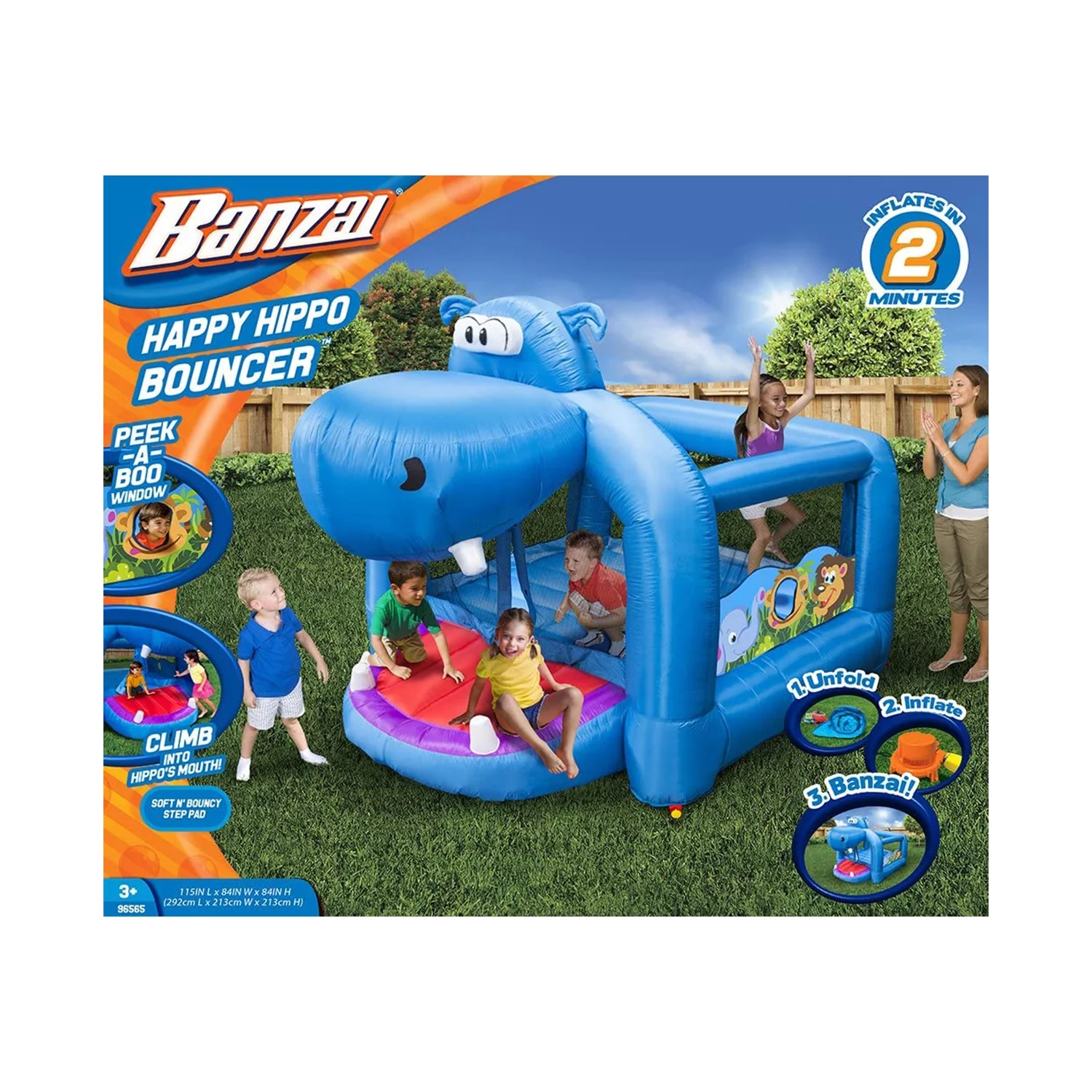 Banzai Happy Hippo Inflatable Bouncer Blow Up Bouncing House w/ Mesh Walls