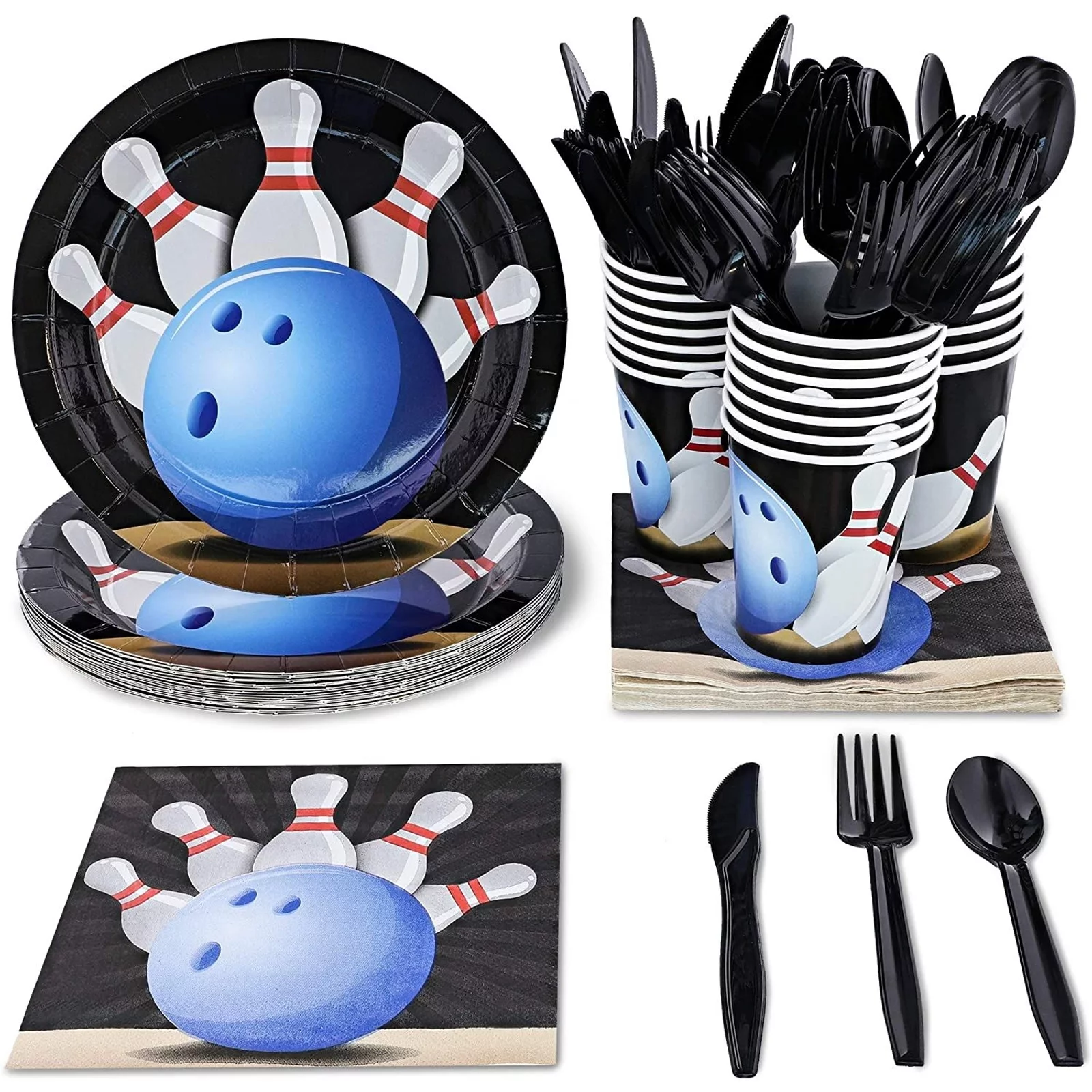 Juvale Kids Bowling Birthday Party Supplies Set - Plates, Knives, Spoons, Forks, Napkins, and Cups, Serves 24