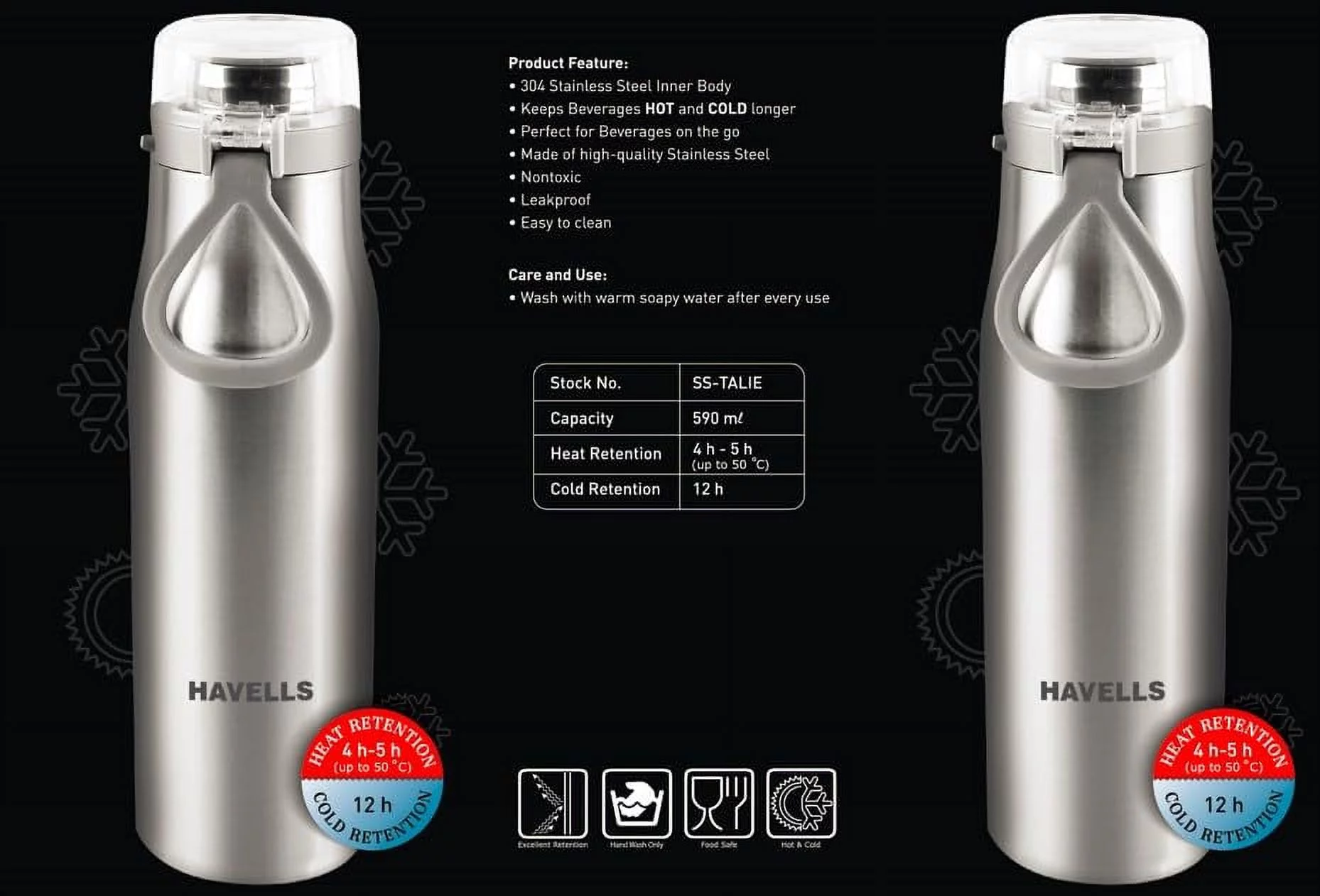 Havells Aqua-S Double Wall Hot/Cold Water Bottle, 304 Grade Stainless Steel Inner Body, Non Toxic, Leak Proof, Easy To Clean, 590 Ml Silver