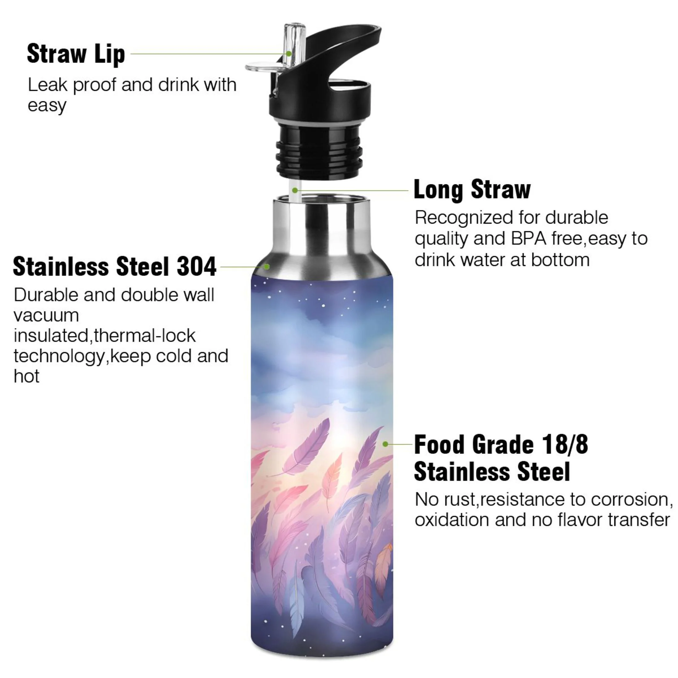 Water Bottle with Straw Lid Leak Feathers in Purple Stainless Steel Insulated Thermos Vacuum Flask for Cold Hot Drinking for Sports Camping Gym Yoga