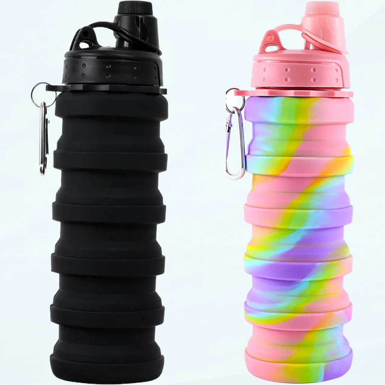 2 Pack of Collapsible Sports Water Bottles for Kids, Adults, Students, Reusable Silicone Foldable Water Bottles for Travel Camping Hiking, Pink and Black