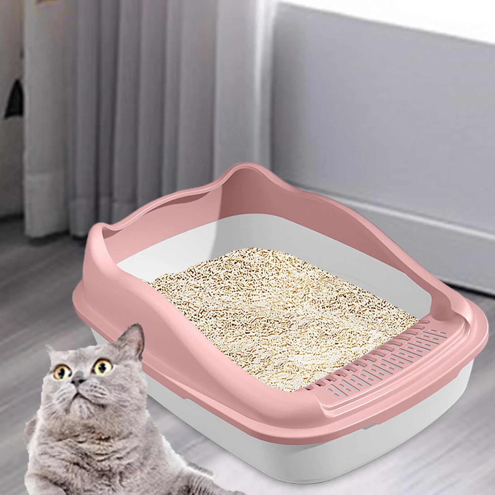 Tooyful Open , Pets Litter Tray Large Pan Toilette Sand Box Container Splashproof Potty Toilet Litter Pan for Kitten Rabbit Kitty Pink 48X34.7X18CM