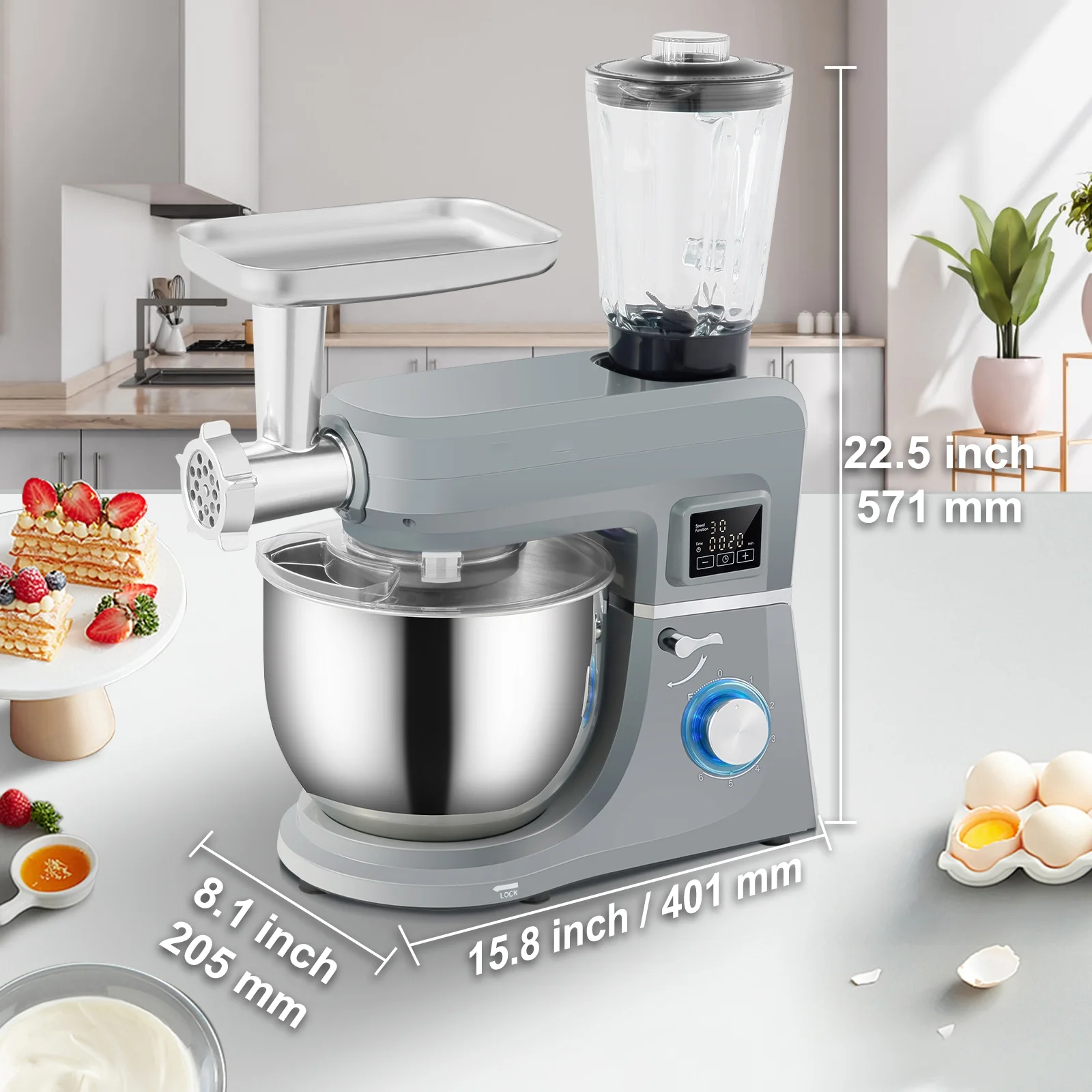 BENTISM 660W Stand Mixer 7.4Qt 6-Speed Tilt-Head Dough Mixer with Grinder Juicer