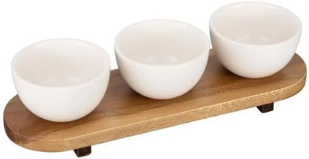 White Stoneware Serving Bowl Set With Acacia Wood Stand 14” X 4.5” Condiment Caddy, Dip Bowls, Charcuterie Server, Flight Board