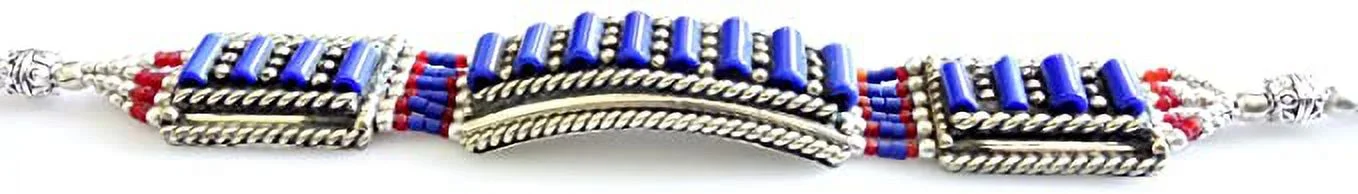 Lapis Lazuli & Coral Gemstone Handmade Tibetan Bracelet for Women & Men Oxidized 925 Silver Plated Unique Designer Boho Ethnic Gypsy Boho Bracelet Jewellery by Artisan