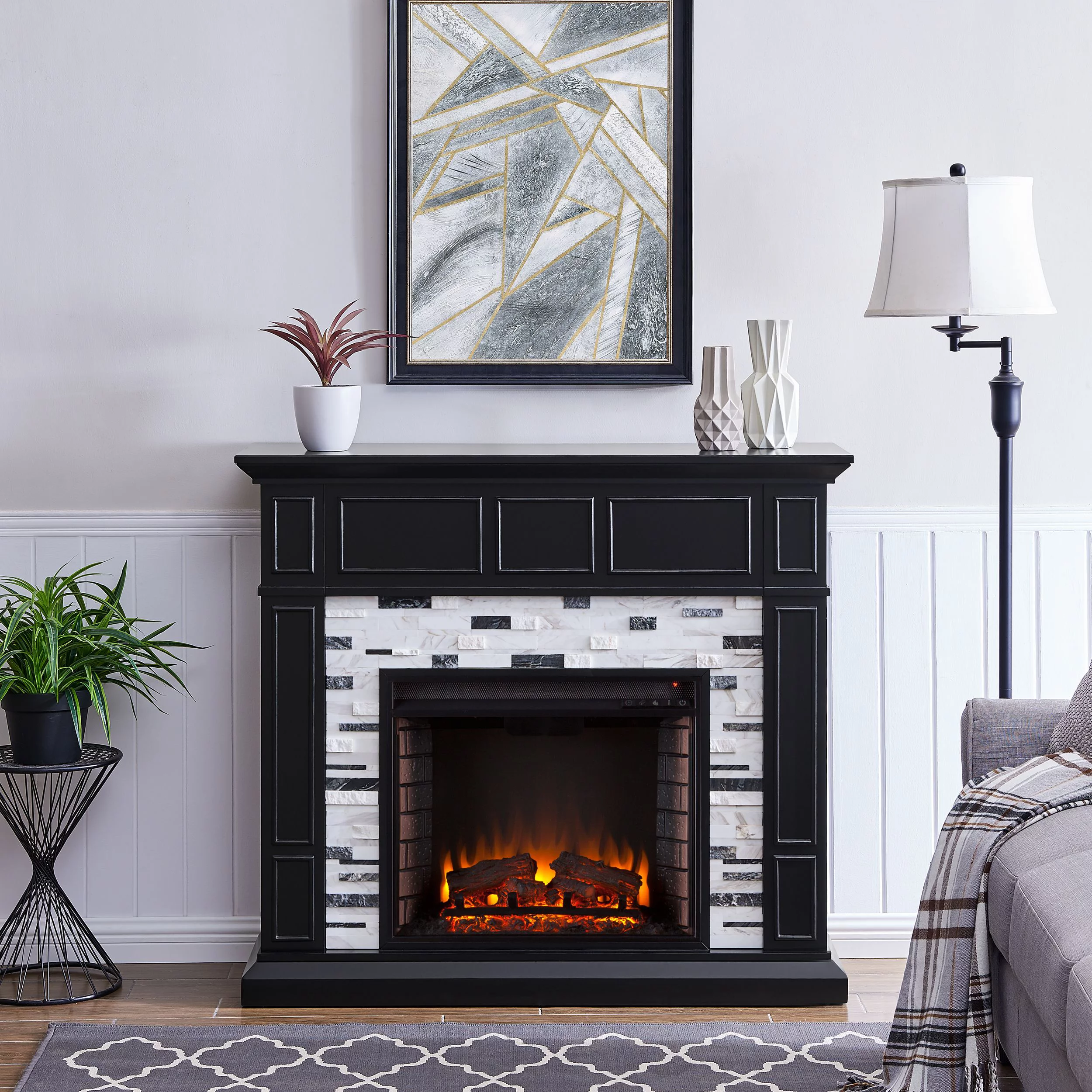 SEI Furniture Frescan Freestanding Marble Electric Fireplace in Black with White and Gray Marble