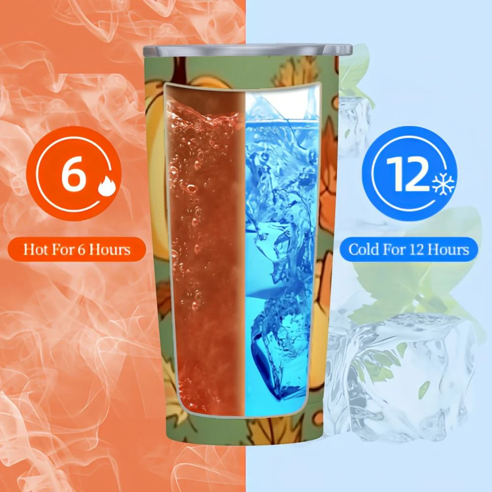 GOSMITH  Autumn Pumpkins Leaves Wheat Apples Stainless Steel Water Bottle Double Wall Leak Proof Vacuum Insulated with Leather Wrapped