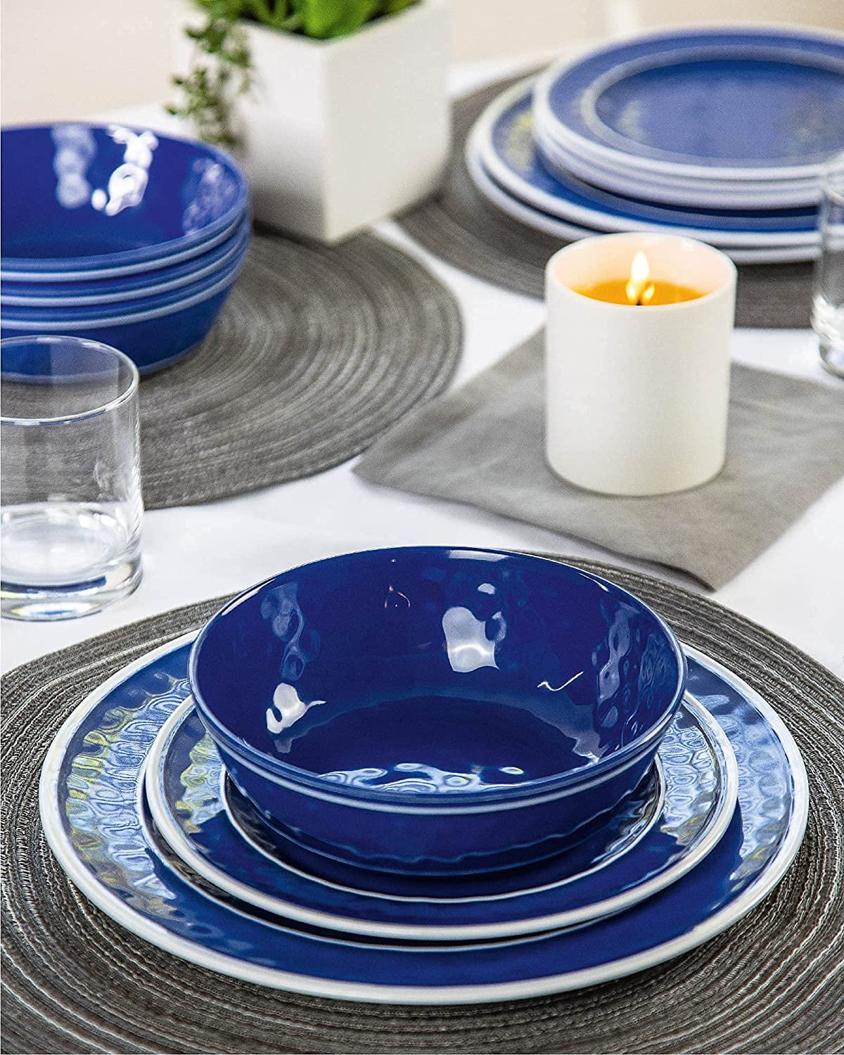 Craft & Kin Melamine Dinnerware Set - Sea Blue, Round (12 Piece Set)