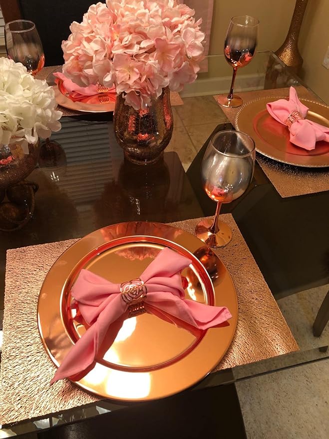 Bunique 12  pack - 13-inch Round Charger Plates Rose gold Dinner Chargers Perfect for Wedding Catering Decorations Centerpieces, Events Party, Tabletop Decor & Dinner Servers
