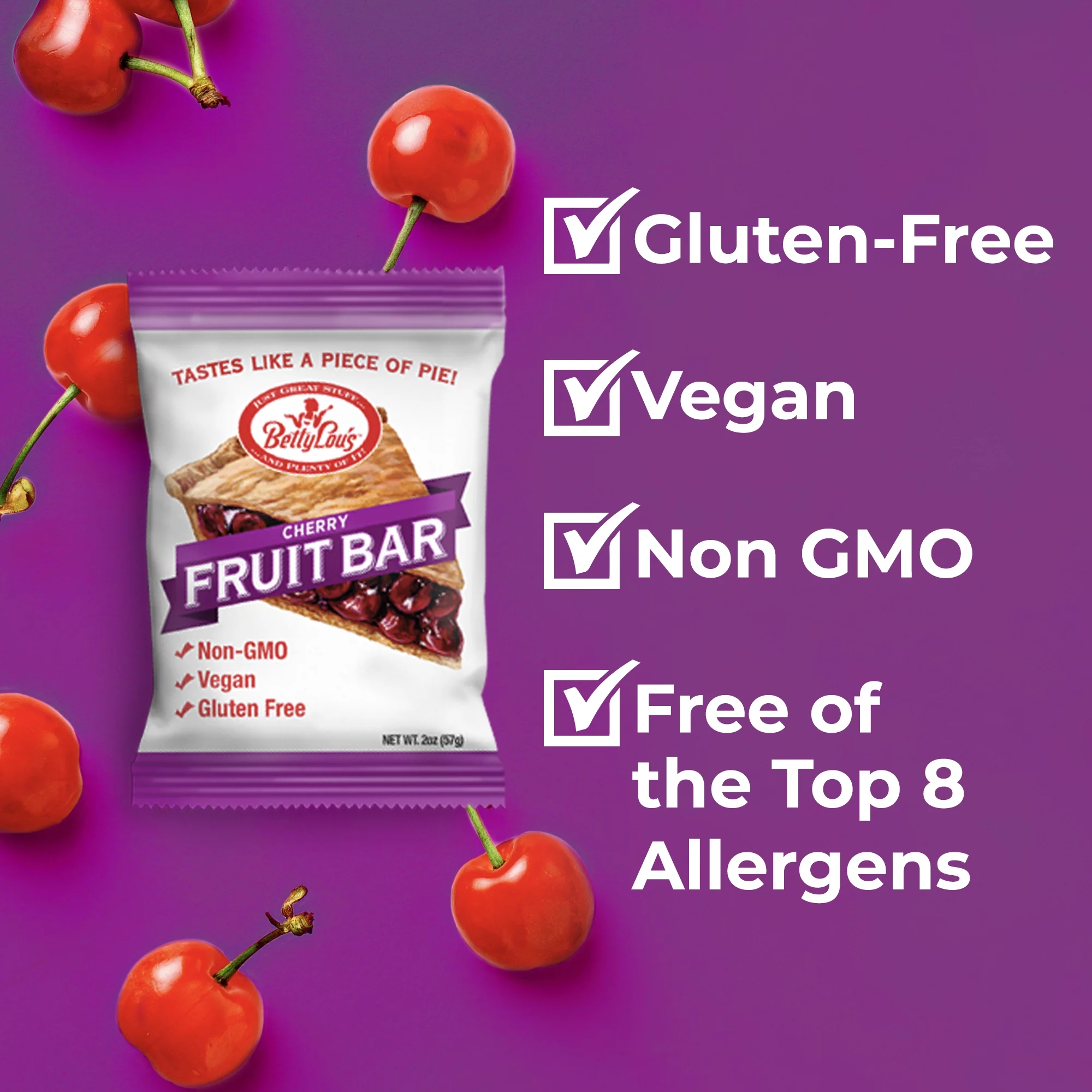 Betty Lou's Cherry Fruit Bars, Vegan, Gluten Free, Dairy Free Snacks 12 Ct.