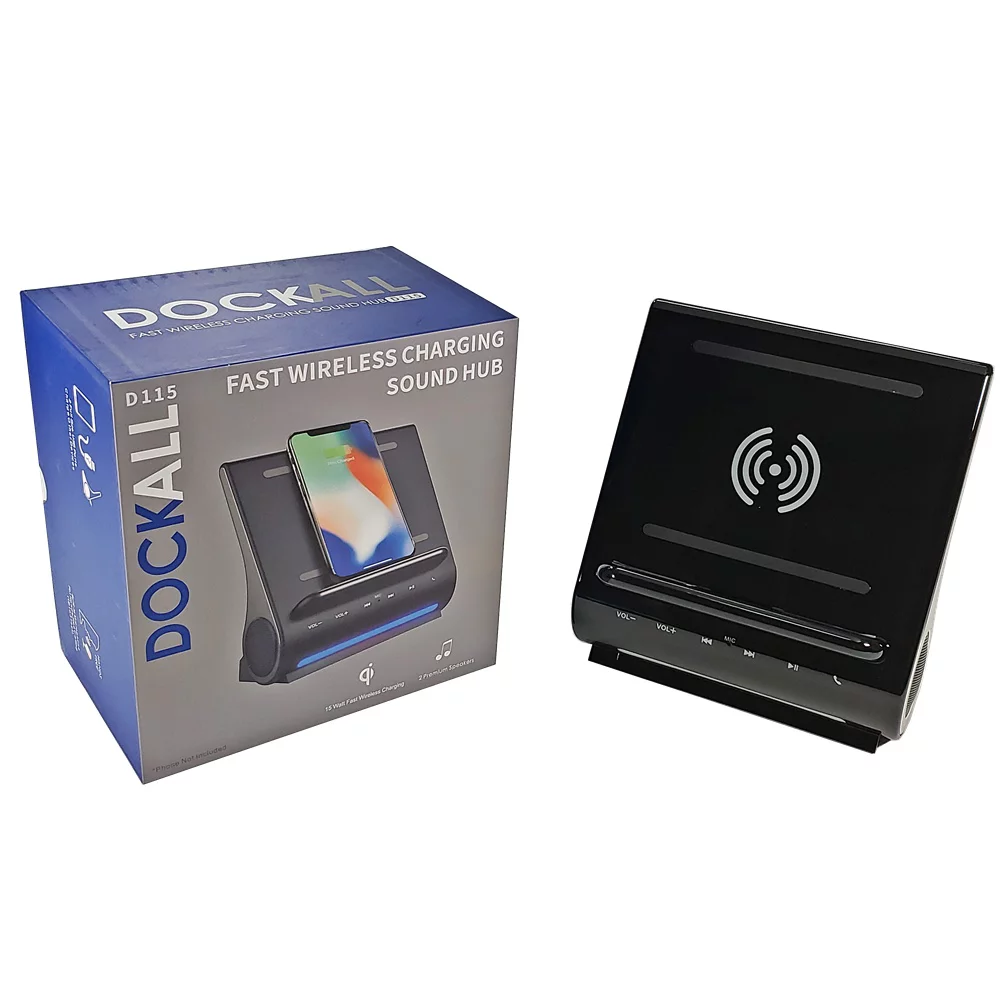 Azpen Dockall 15 Watts Super Fast Wireless Charger, Bluetooth Premium Speakers, Docking Station with Built in Mic Handsfree Call, 4 in 1 Station for iPhone and Samsung Phone