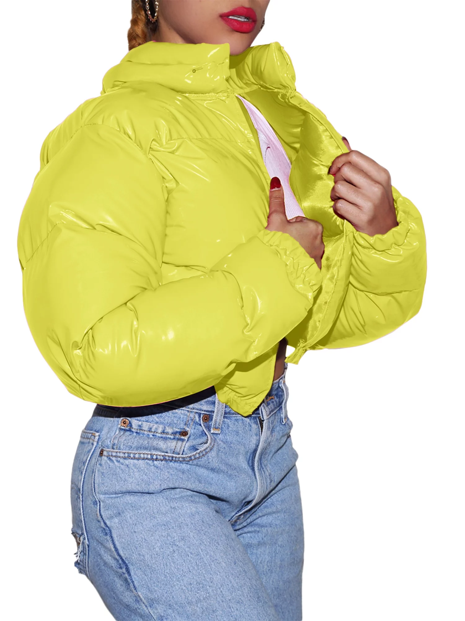 LisenraIn Women Winter Puffer Jackets-Long Sleeve Stand Collar Cropped Down Leather Waterproof Bomber Jackets