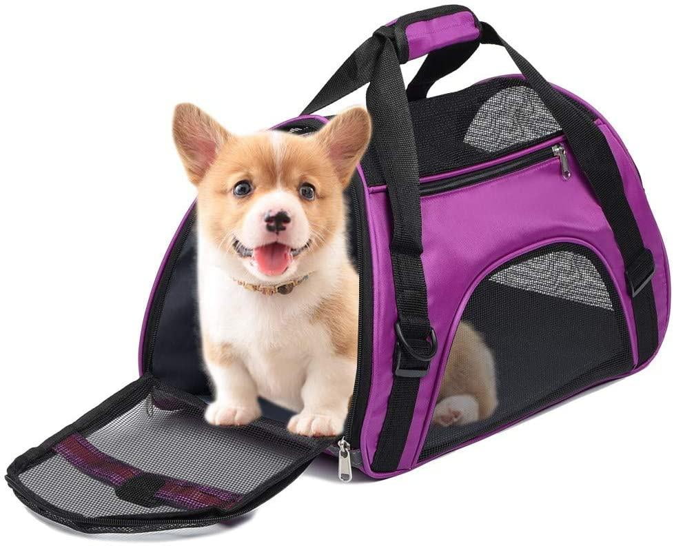 Dog and Cat Carrier, Collapsible Soft-Sided Portable Travel Breathable Pet Bag Safety Zippers for Kitten Cat Puppy Dog Car Seat Safe (Small, Purple)