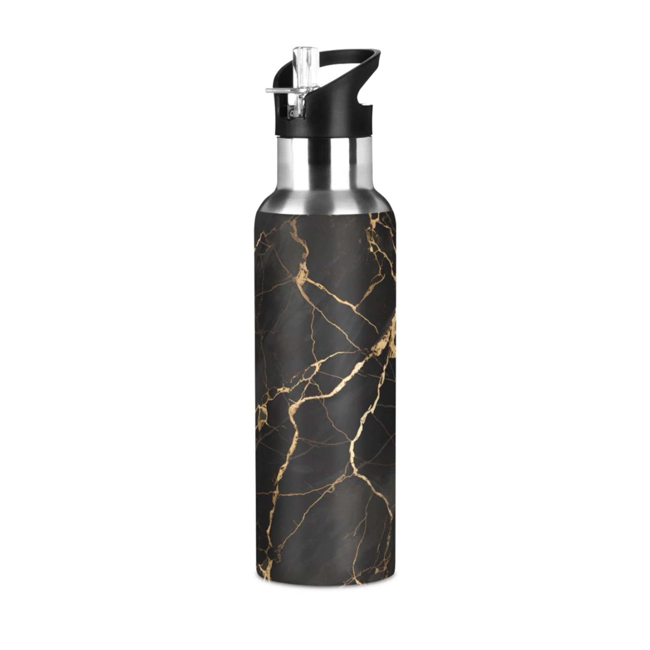 Water Bottle with Straw Lid Leak Golden and Black Marble Stainless Steel Insulated Thermos Vacuum Flask for Cold Hot Drinking for Sports Camping Gym Yoga