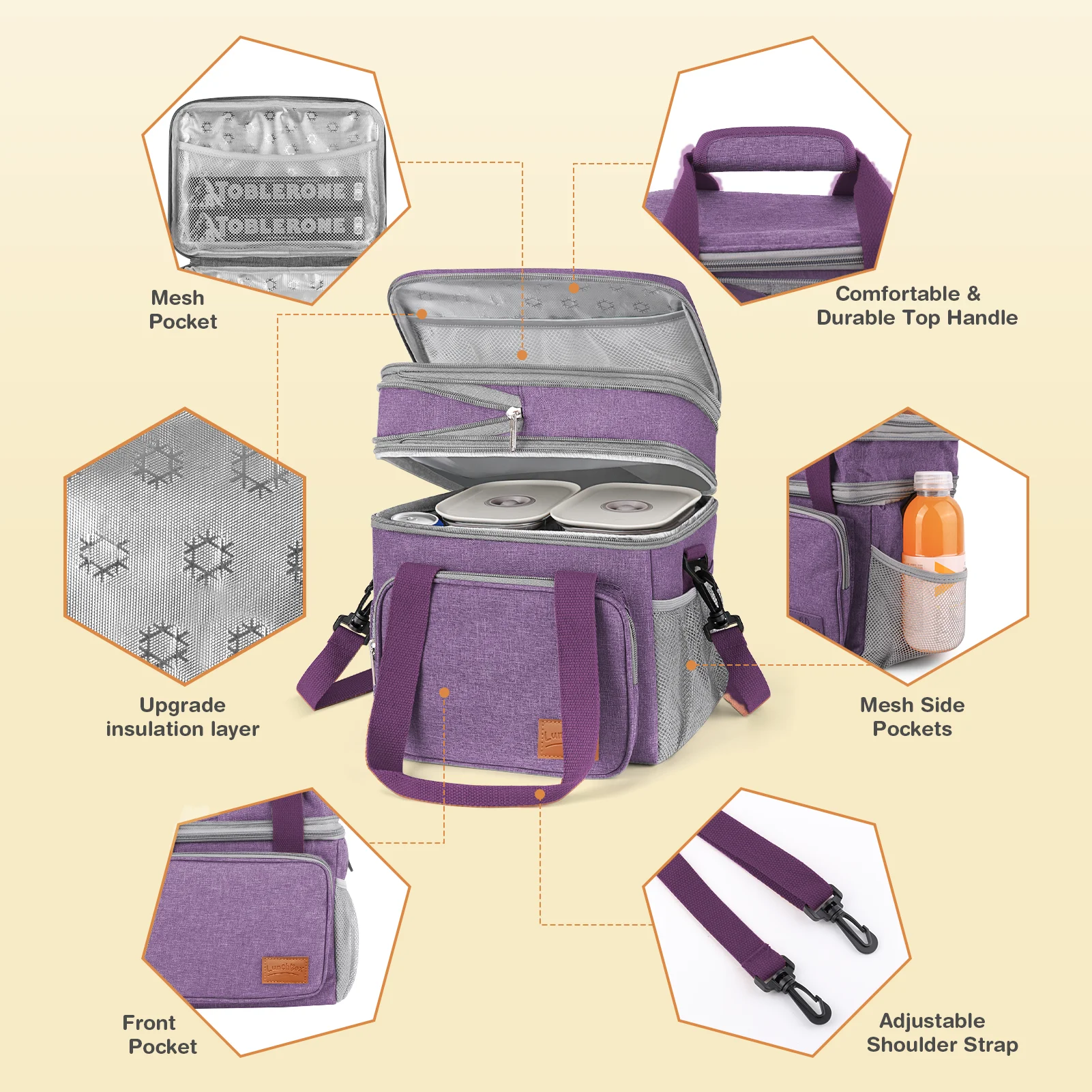 Lunch Bags for Women Men, 17L Reusable Insulated Lunch Bag, Double Deck Lunch Tote Box for Office Work School Picnic Beach, Leakproof Cooler Bag with Adjustable Strap/Side Mesh Pocket, Pink, Purple