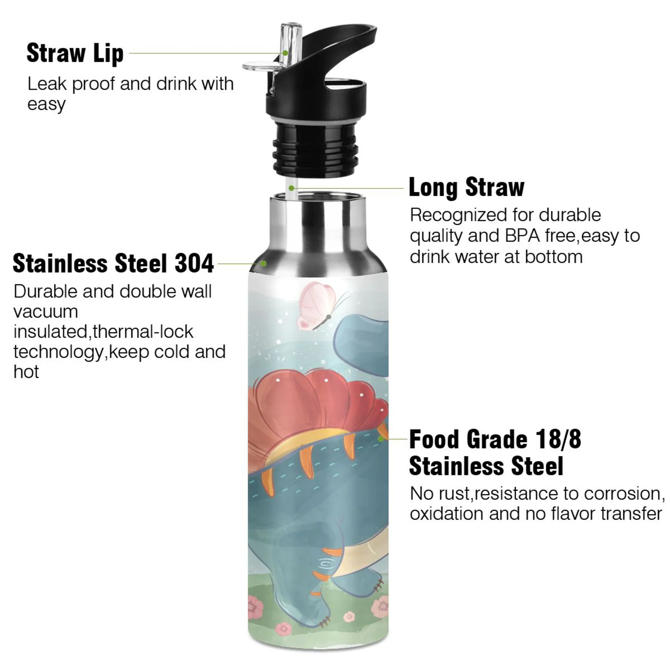 Water Bottle with Straw Lid Leak Cute Boy Dinosaur Stainless Steel Insulated Thermos Vacuum Flask for Cold Hot Drinking for Sports Camping Gym Yoga