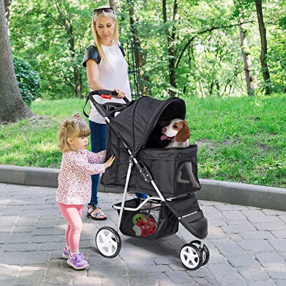 ZENY Foldable Pet Stroller, Cat/Dog Stroller with 3 Wheel, Pet Strolling Cart, Dog Travel Carrier with Storage Basket + Cup Holder, Black