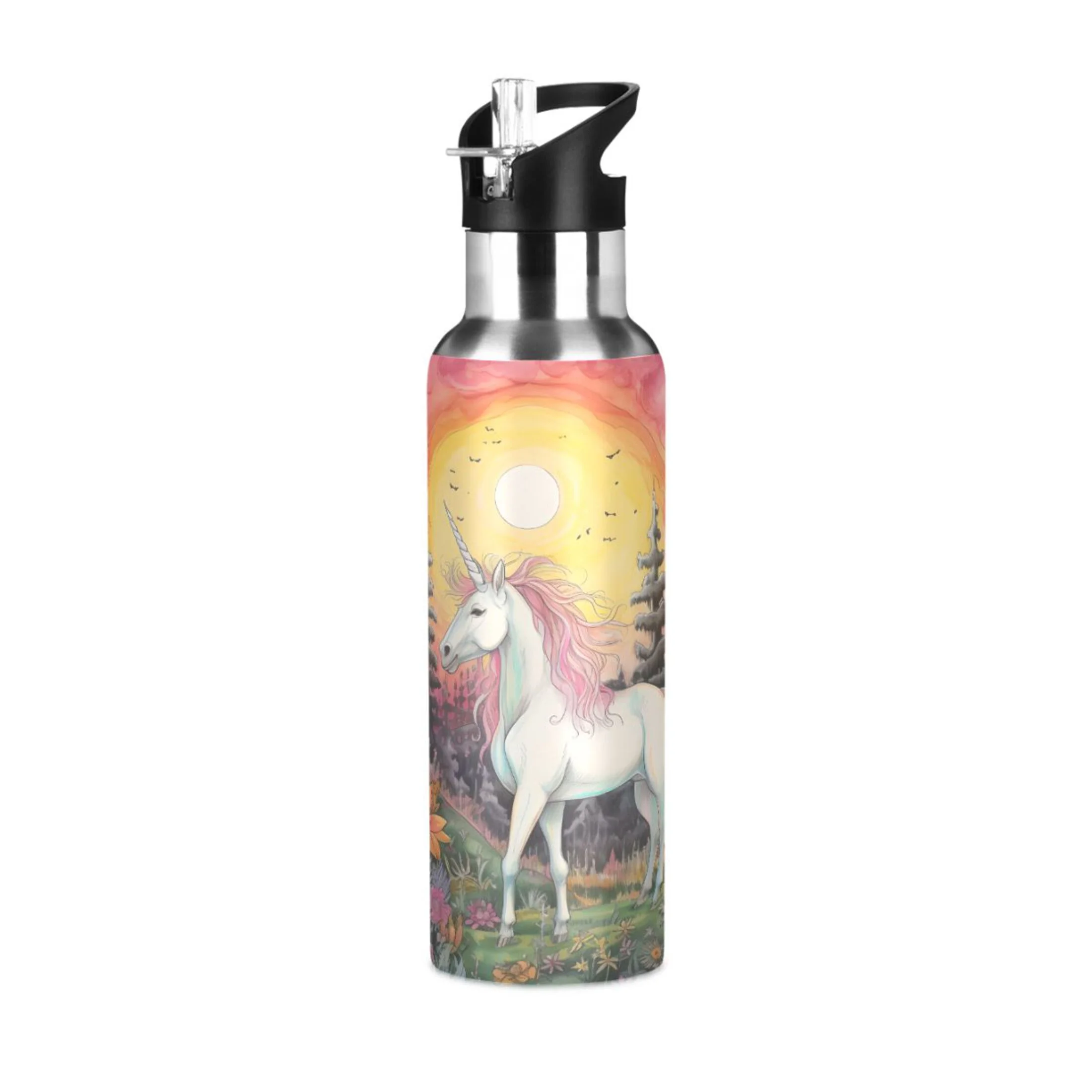 Water Bottle with Straw Lid Leak Horse in Foresr Stainless Steel Insulated Thermos Vacuum Flask for Cold Hot Drinking for Sports Camping Gym Yoga