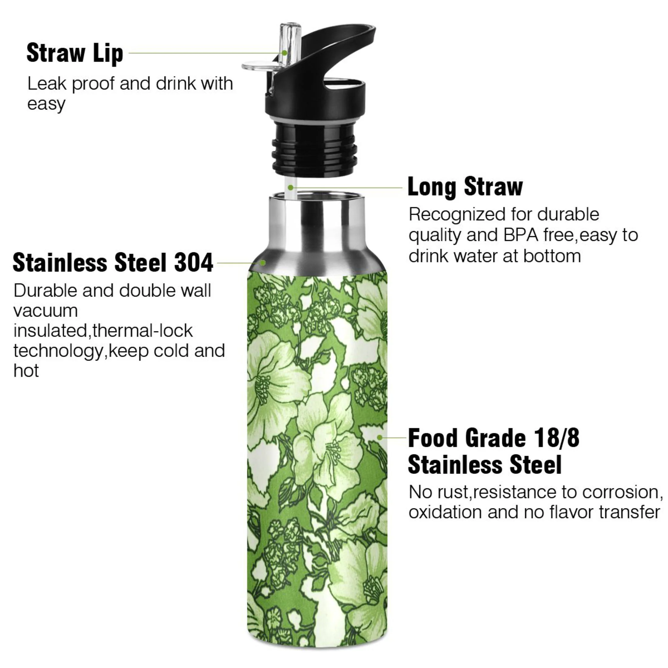 Water Bottle with Straw Lid Leak Flowers in Green Leaves Stainless Steel Insulated Thermos Vacuum Flask for Cold Hot Drinking for Sports Camping Gym Yoga