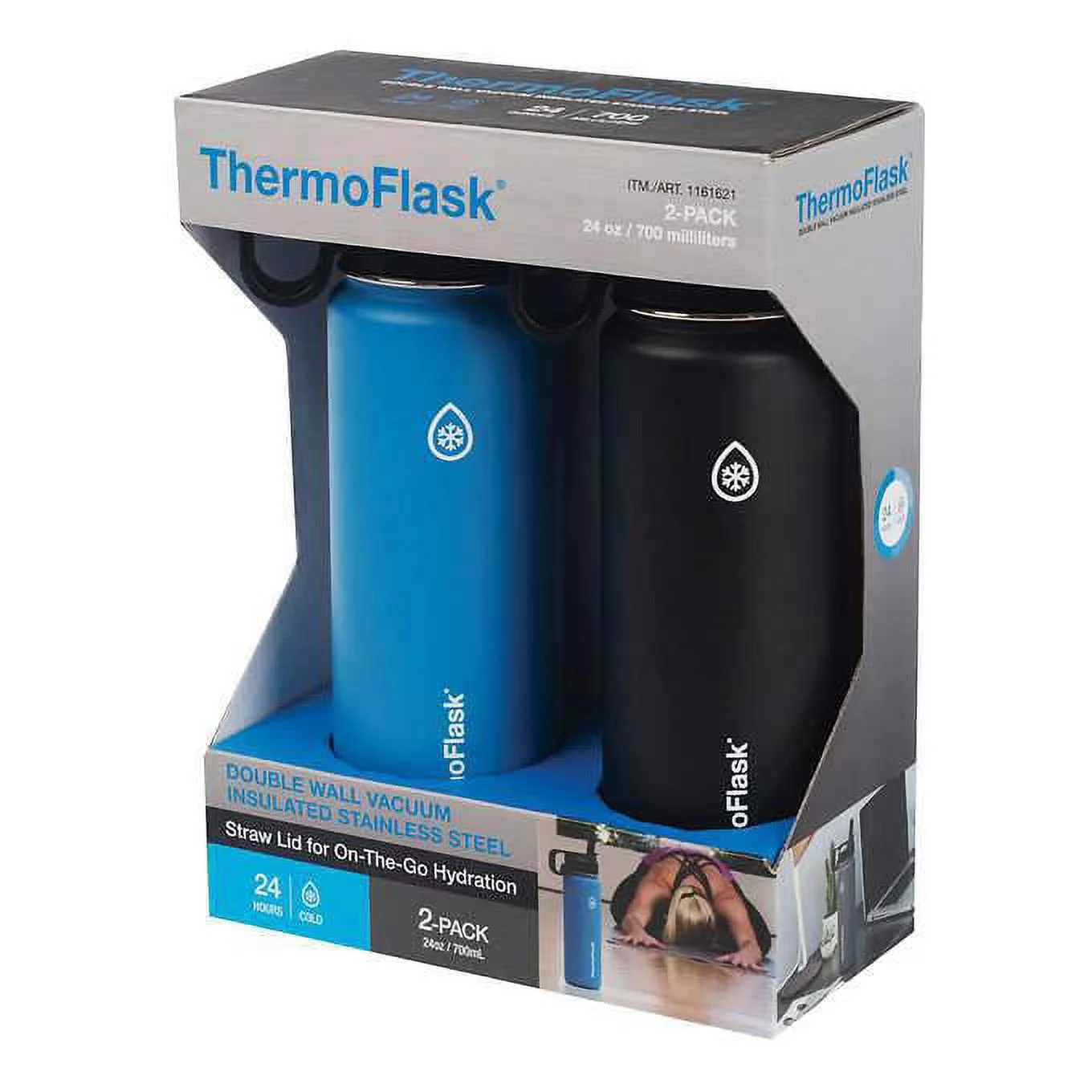 Thermoflask Stainless Steel 24oz Water Bottle with Straw Lid, 2-pack Blue/Black